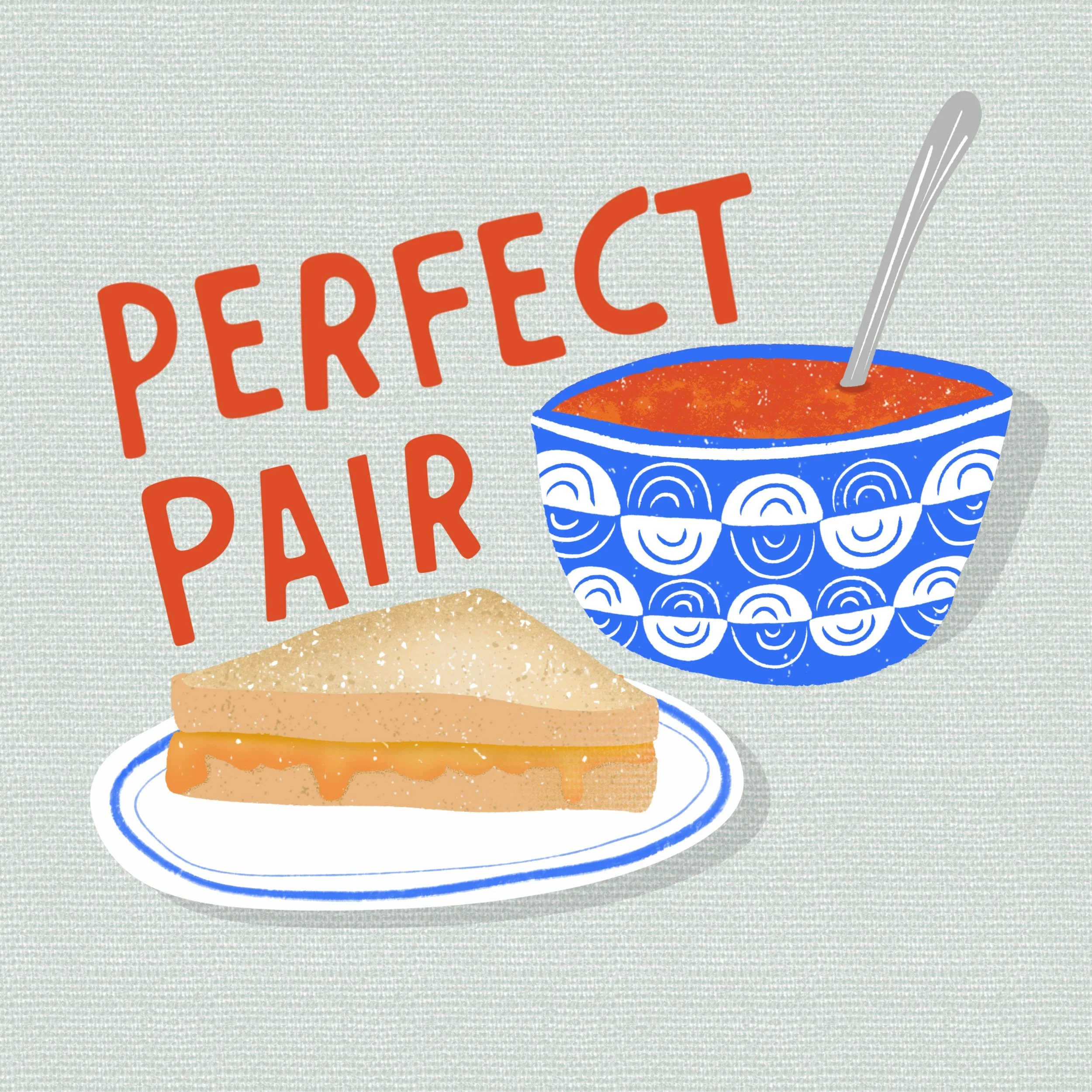 Illustration of a cup filled with red sauce and a spoon inside it. The cup has blue and white swirl patterns. Part of a sandwich with bread, meat, and cheese is visible at the bottom. Red text reading 'PERFECT PORK' is partially visible to the left.