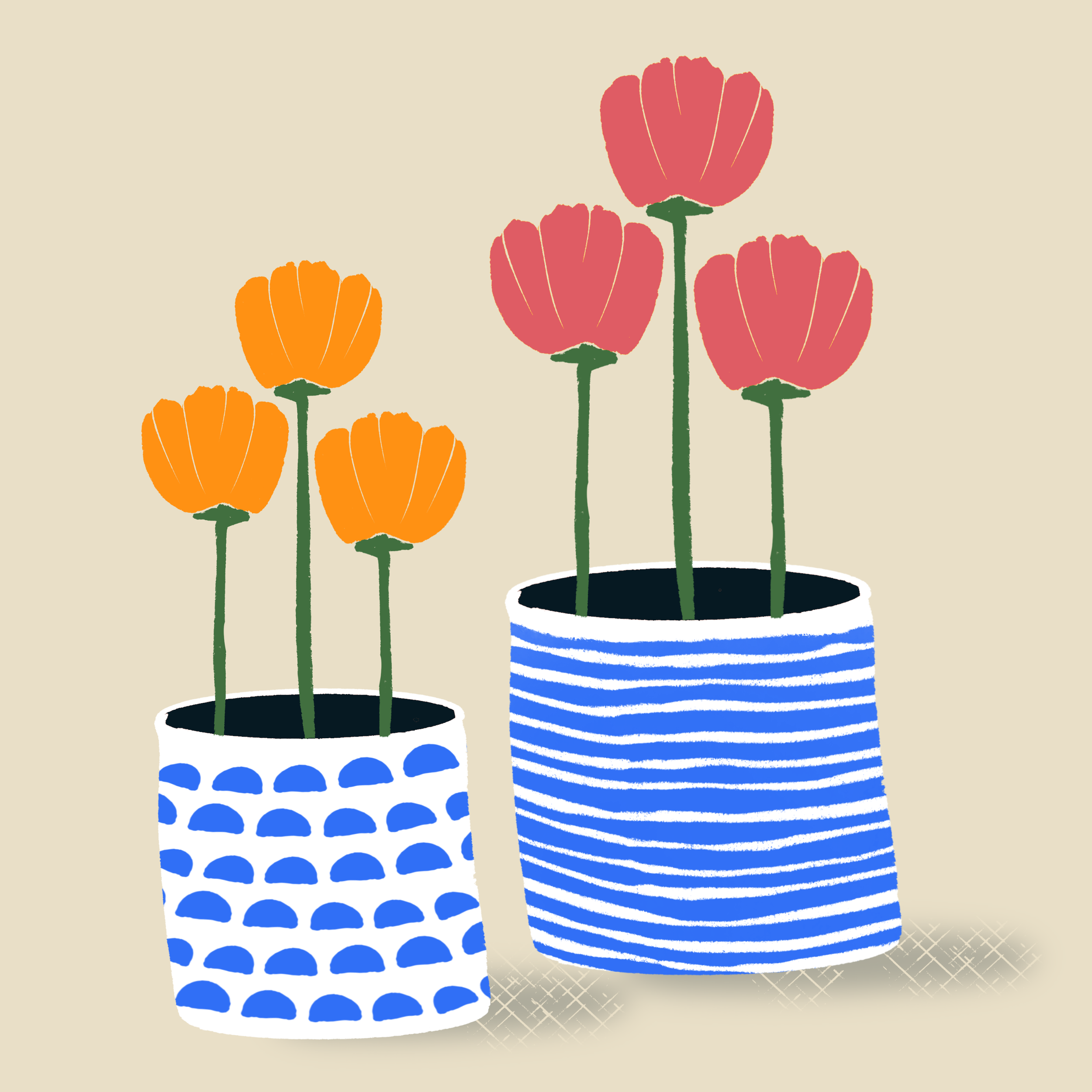 A digital illustration of several potted flowers, with orange, pink, and red blossoms, set against a beige background. The pots are decorated with blue and white patterns.