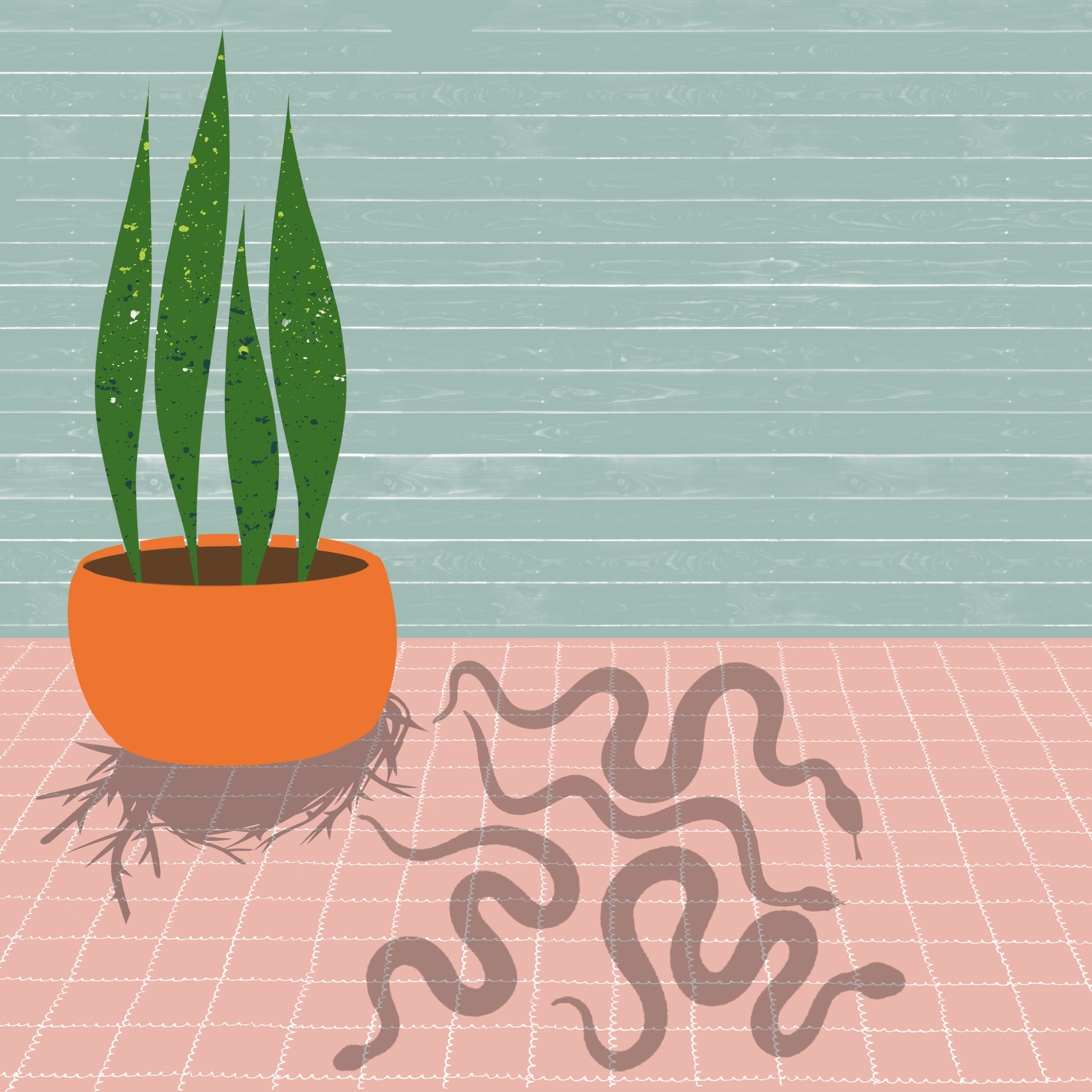 A potted plant with three green, pointed leaves on a pink surface, with a shadow cast on a light green wood-paneled wall background.