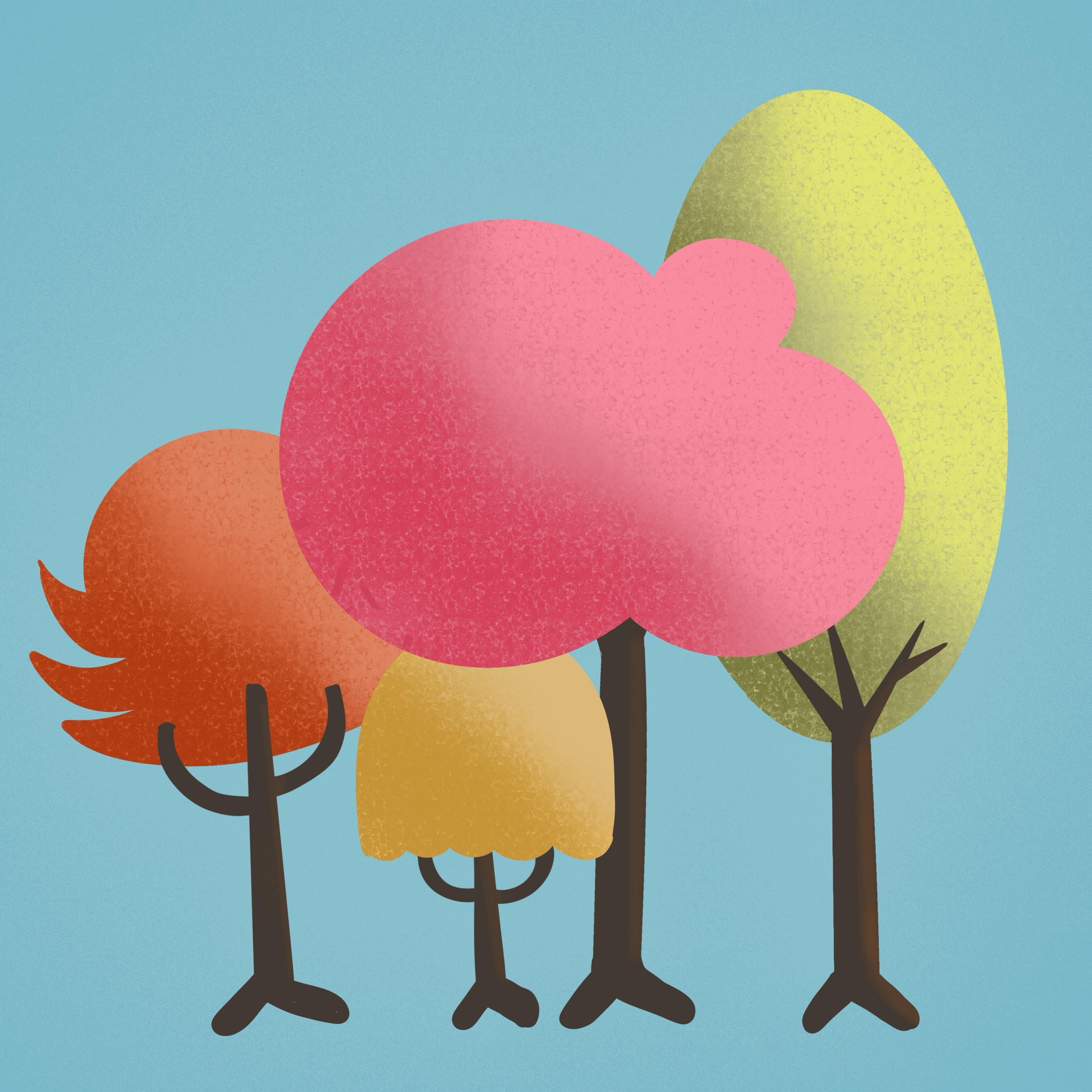 Stylized illustration of five colorful trees with different shapes and vibrant colors against a light blue background.