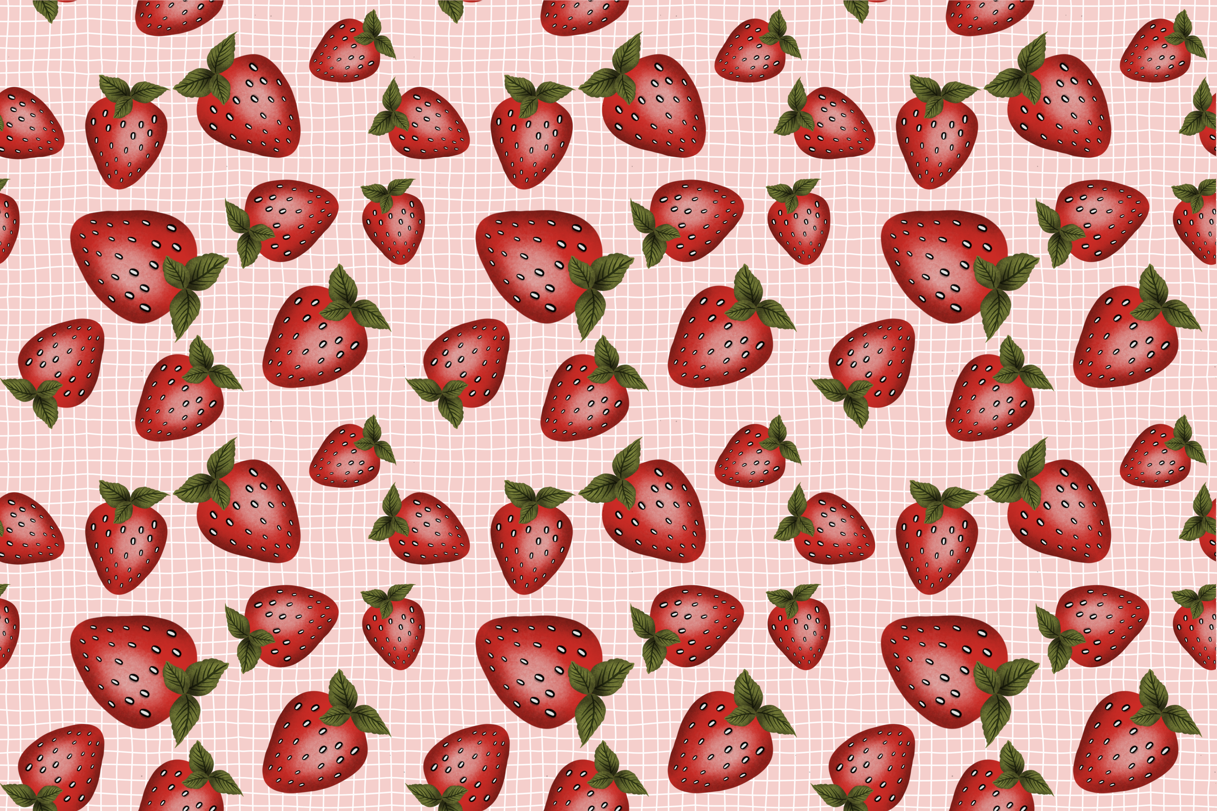 Pattern of large strawberries with green leaves on a pink grid background.