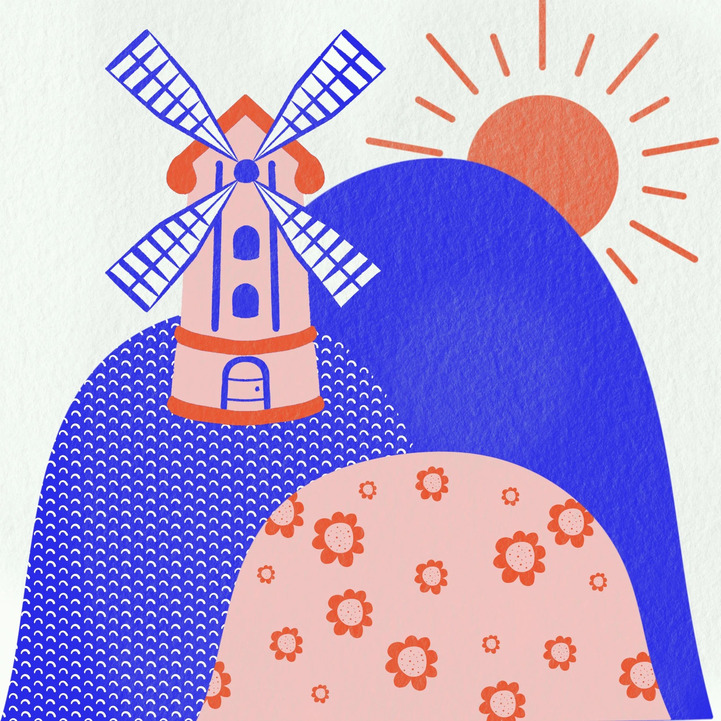 Stylized illustration of a windmill on a hill with a sunrise or sunset in the background.