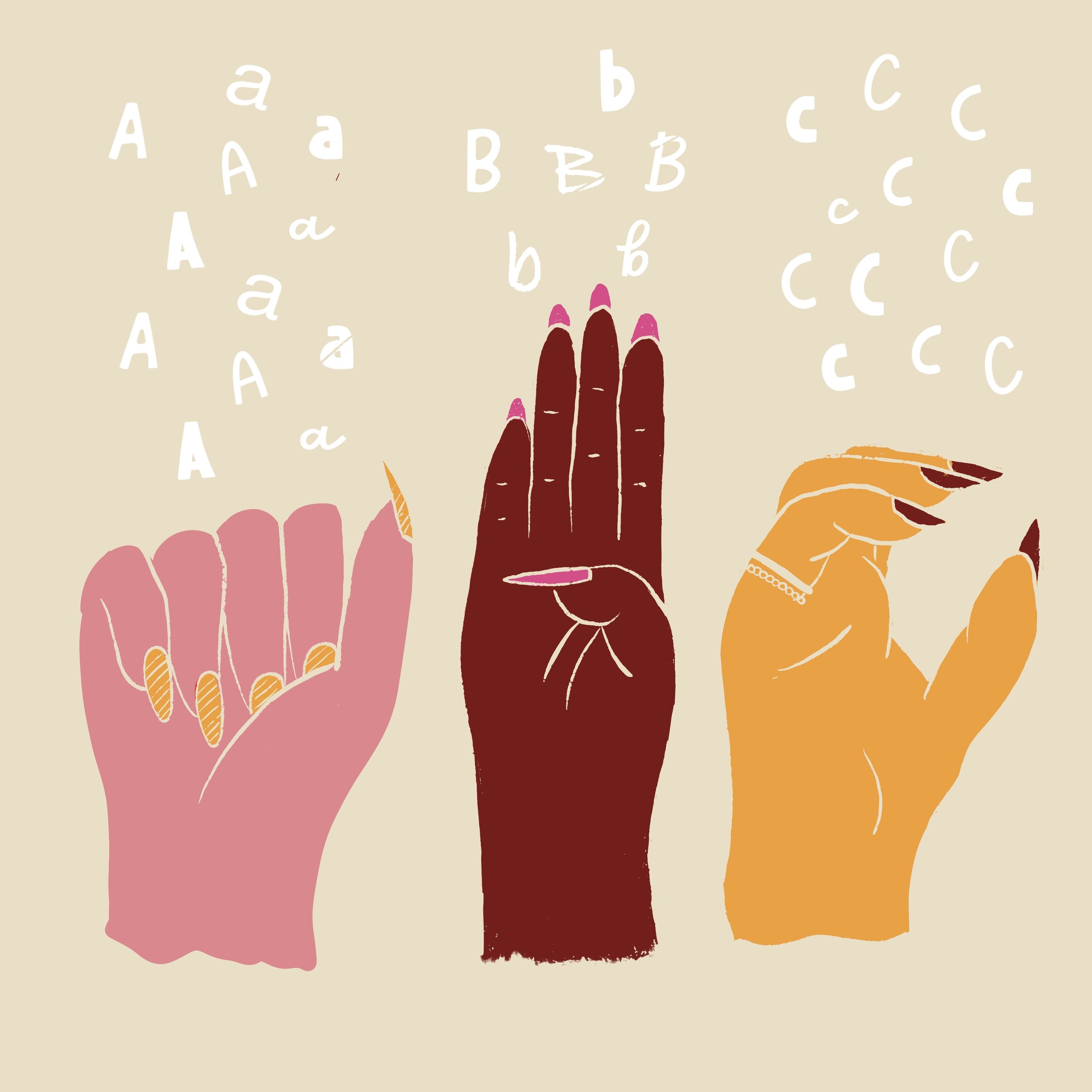 Illustration of diverse hands making a peace sign with fingers, each hand a different skin tone and jewelry, on a beige background with floating alphabet letters.