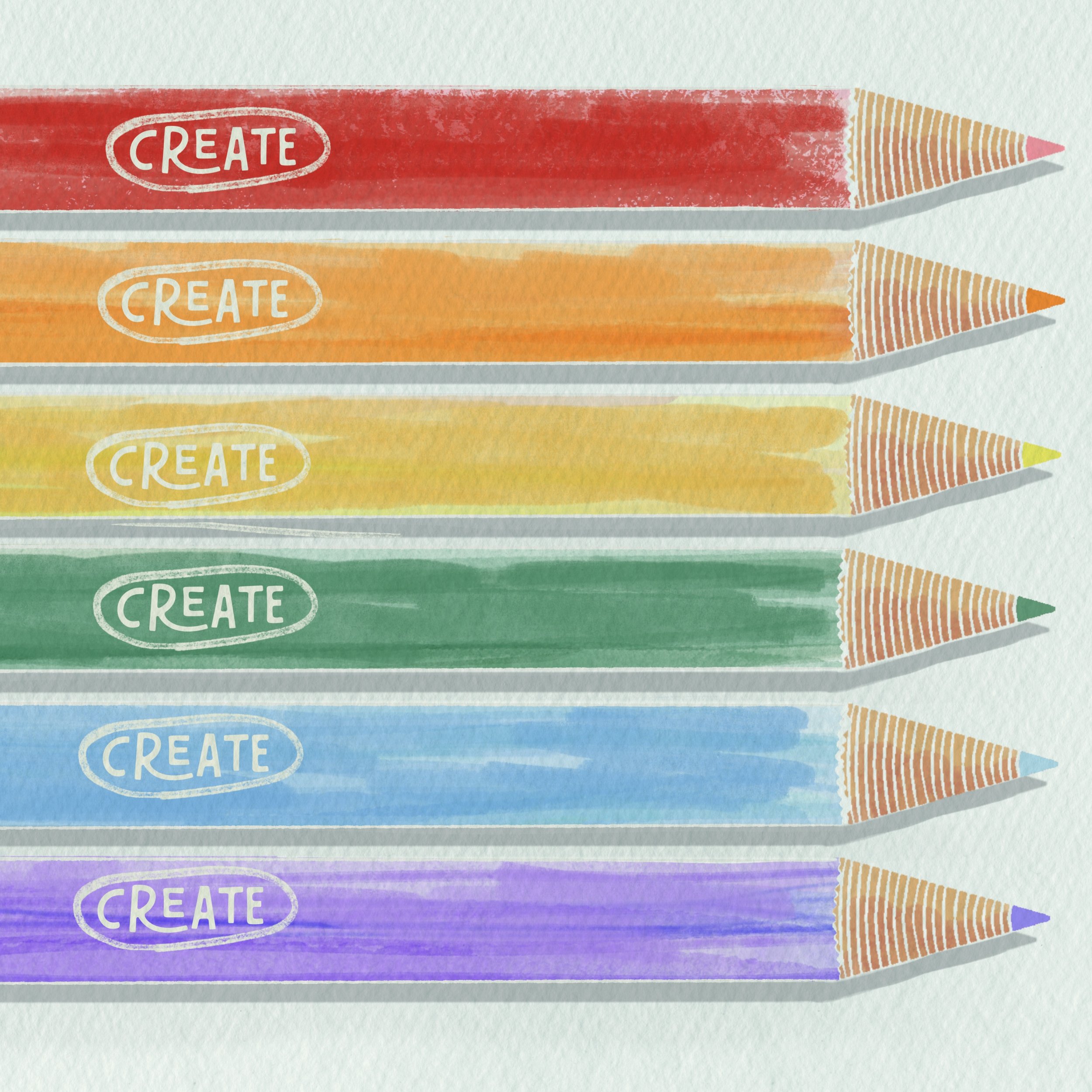 Colored pencils in shades of red, orange, yellow, green, blue, and purple with the word 'CREATE' written inside an oval on each pencil
