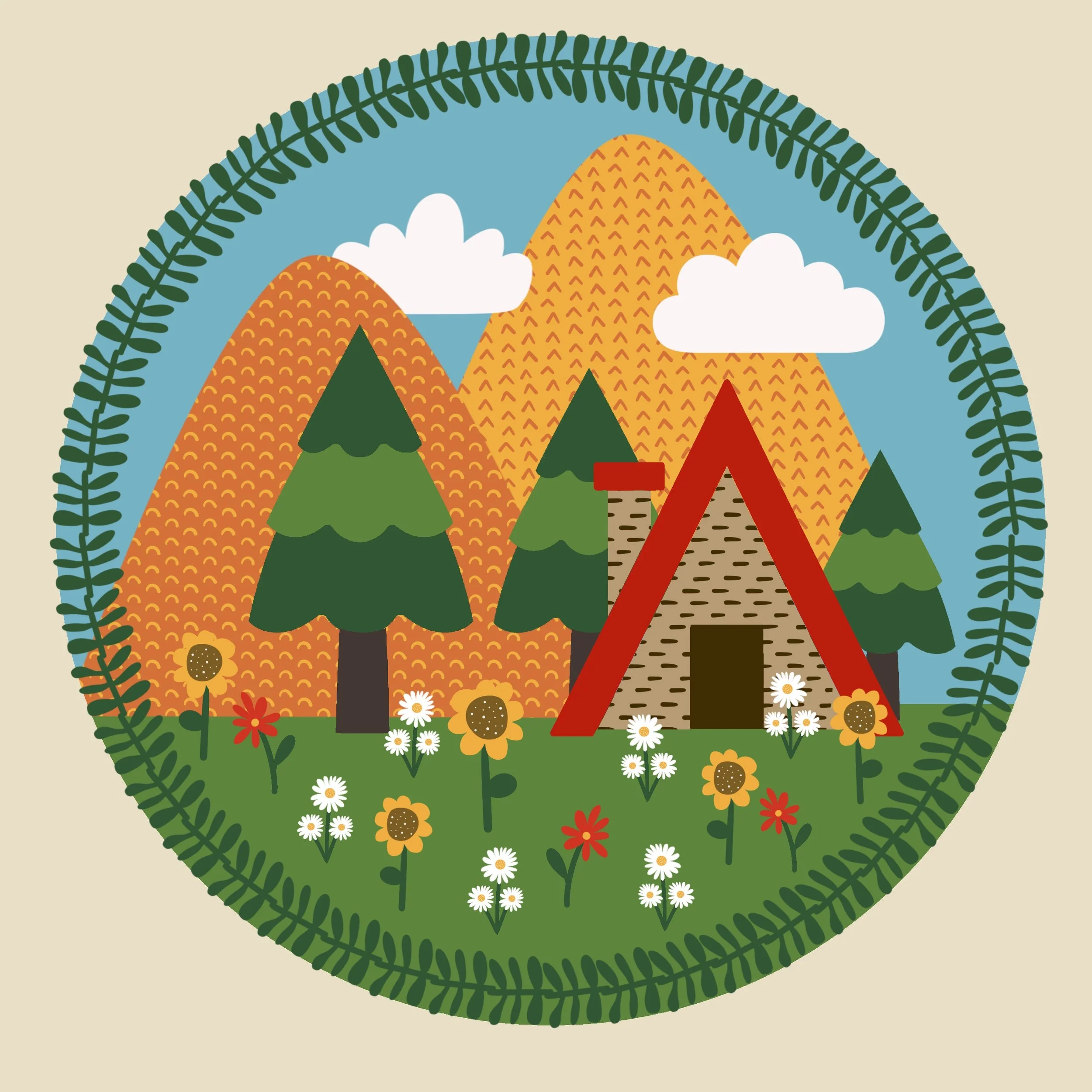 Illustration of mountains, trees, flowers, clouds, and a camping tent within a circular green leaf border.