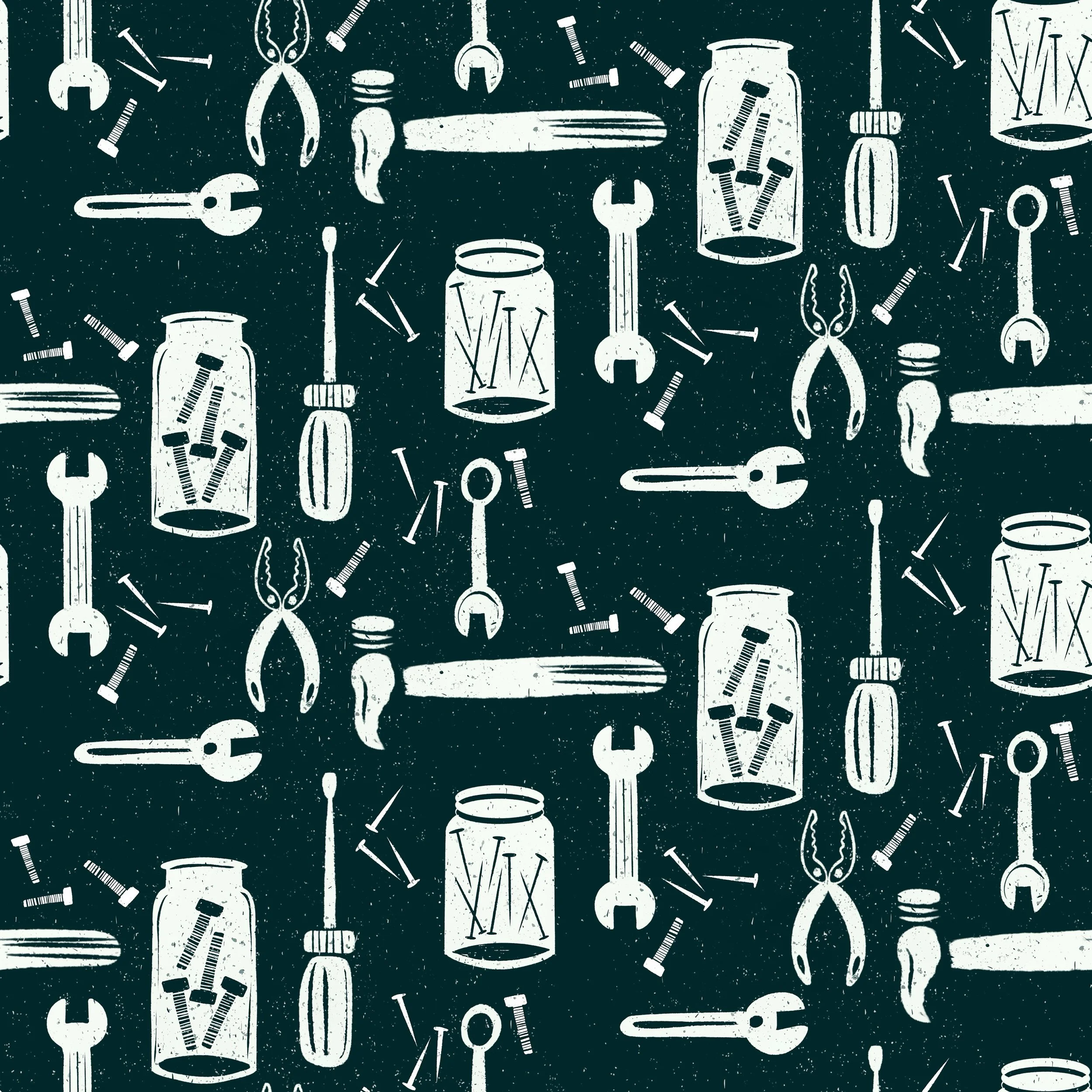 A repeating pattern of white illustrations on a dark background, featuring laboratory tools and items including beakers filled with liquids and test tubes, as well as various screws, nails, pliers, a wrench, and a screwdriver.