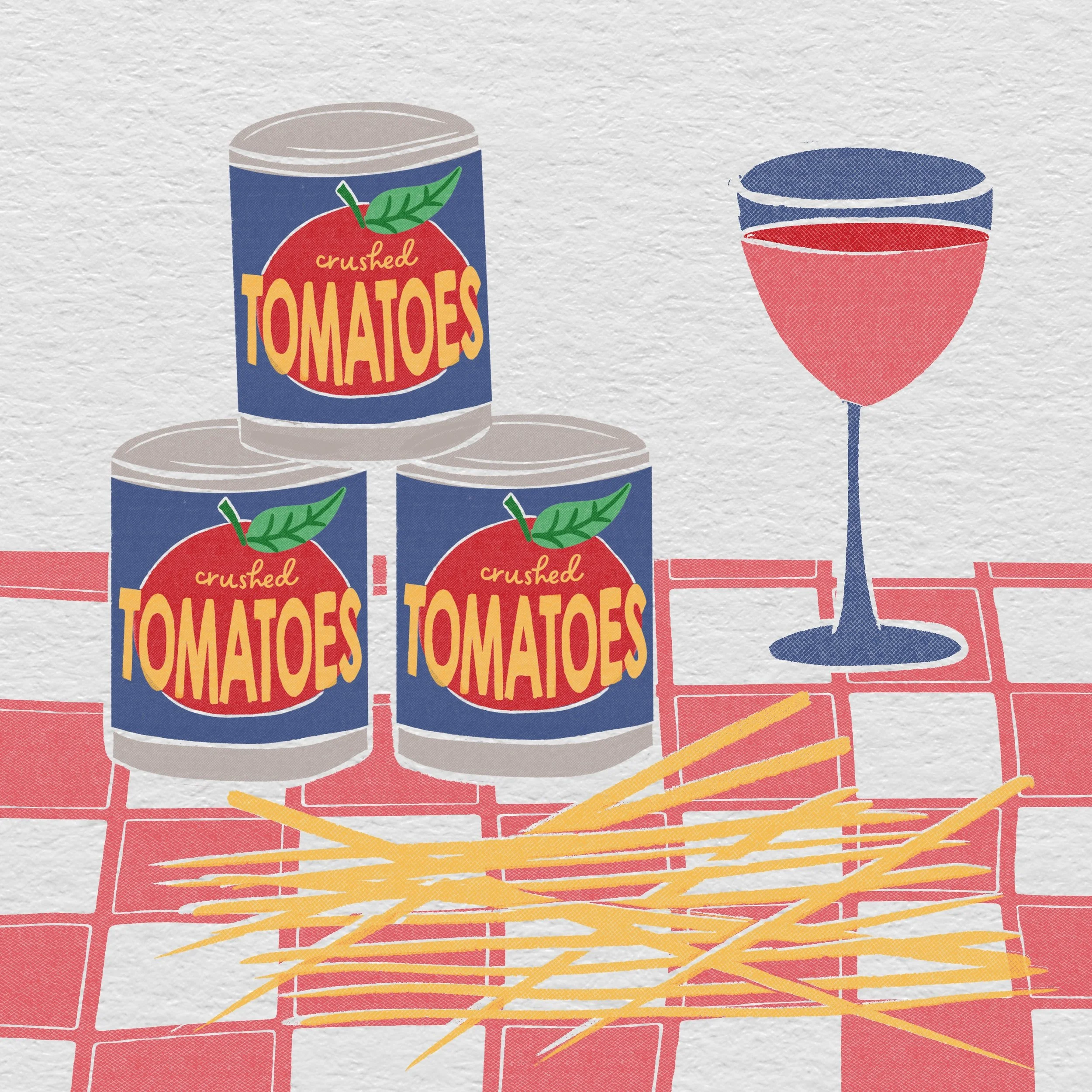 Illustration of canned crushed tomatoes and an empty wine glass on a red checkered tablecloth.