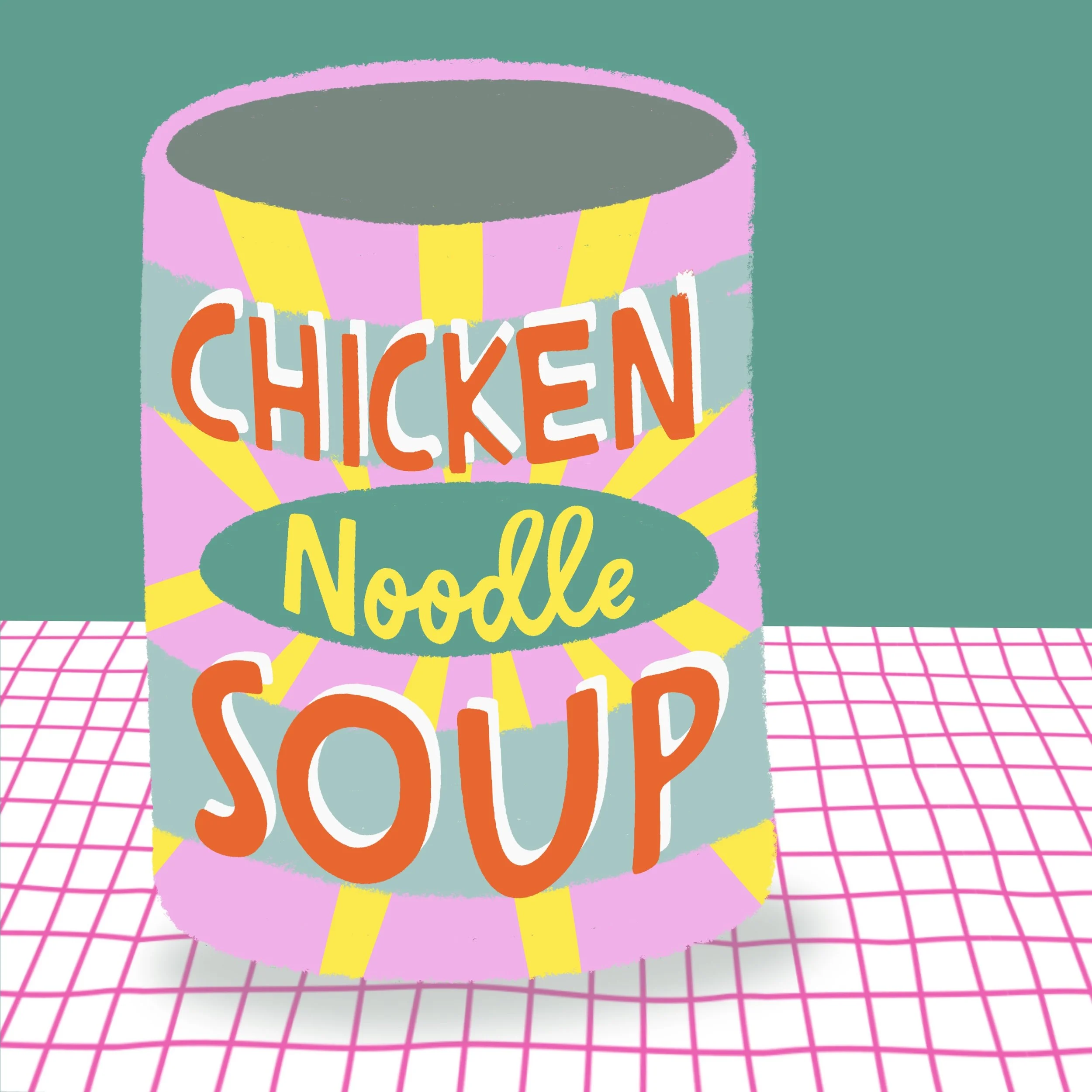 Colorful illustration of a can of chicken noodle soup with bright pink and yellow design elements, placed on a pink and white checkered tablecloth with a teal background.