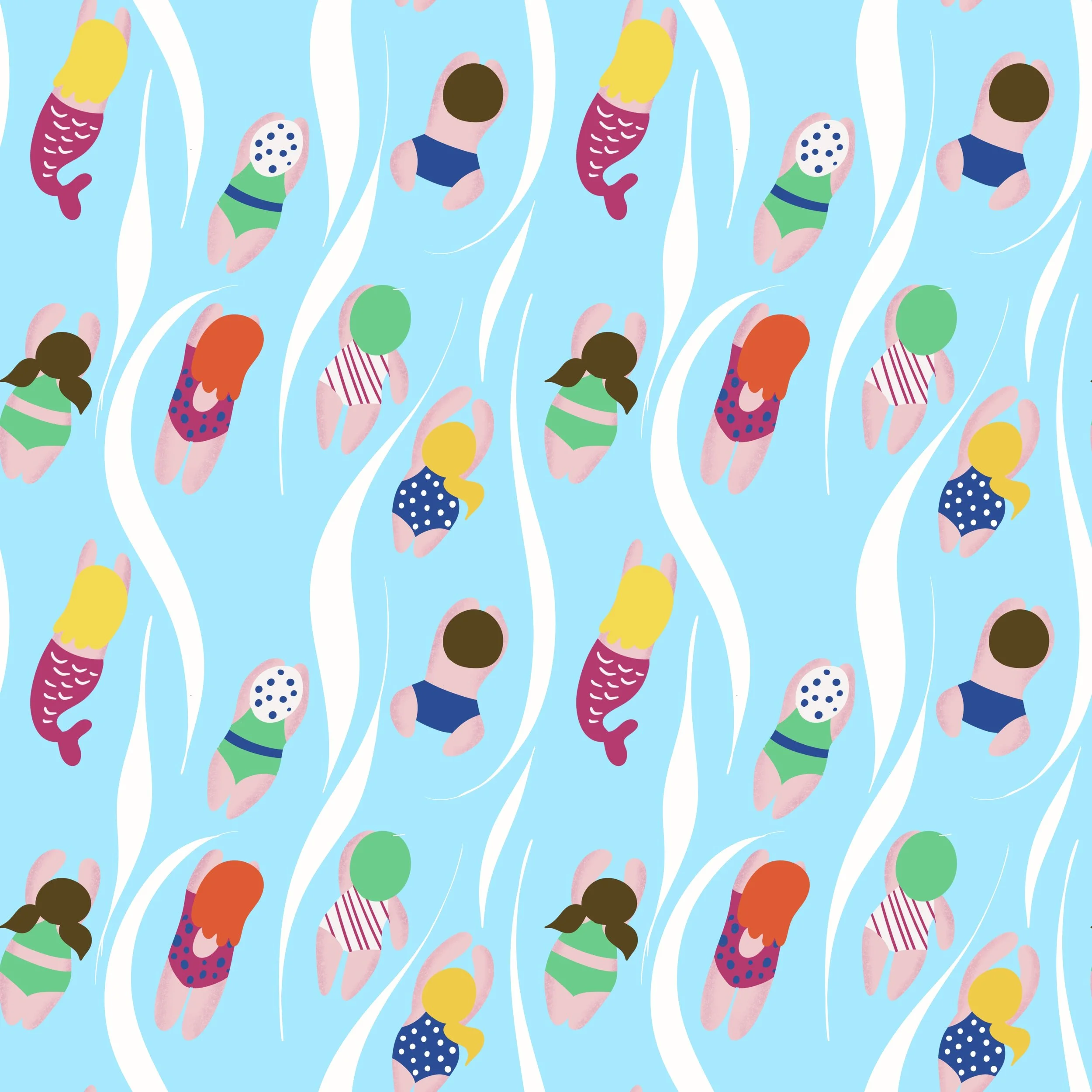 Multiple cartoon women in swimsuits swimming on a bright blue background.