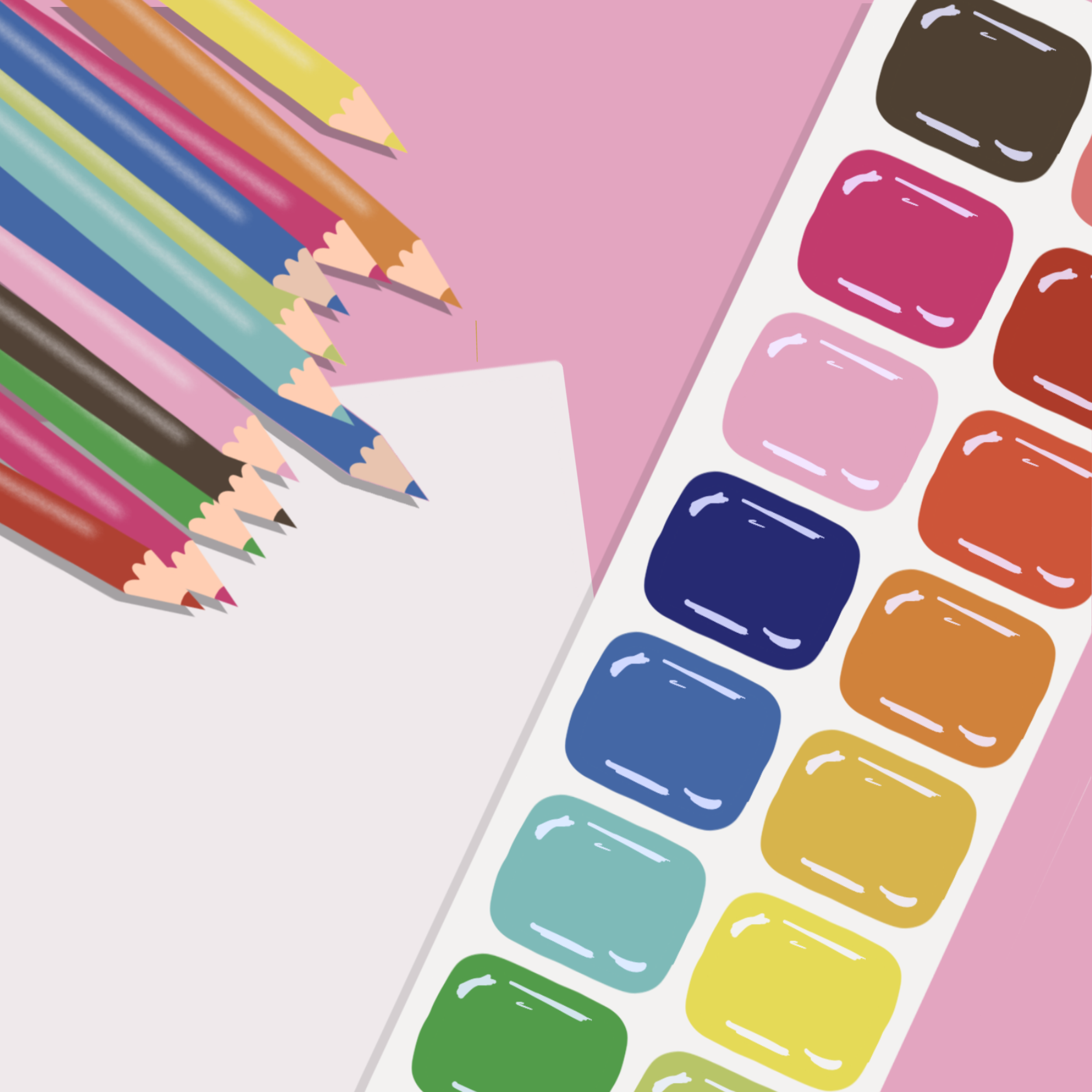 A collection of colored pencils, ink pads, and paper on a surface.