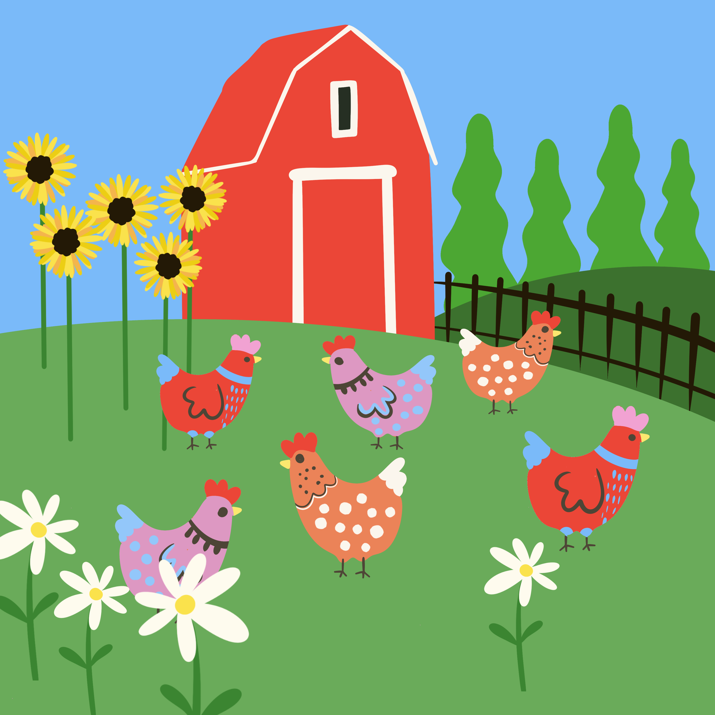 Colorful farm scene with red barn, green trees, white flowers, and cartoon chickens in a bright, simplified style.