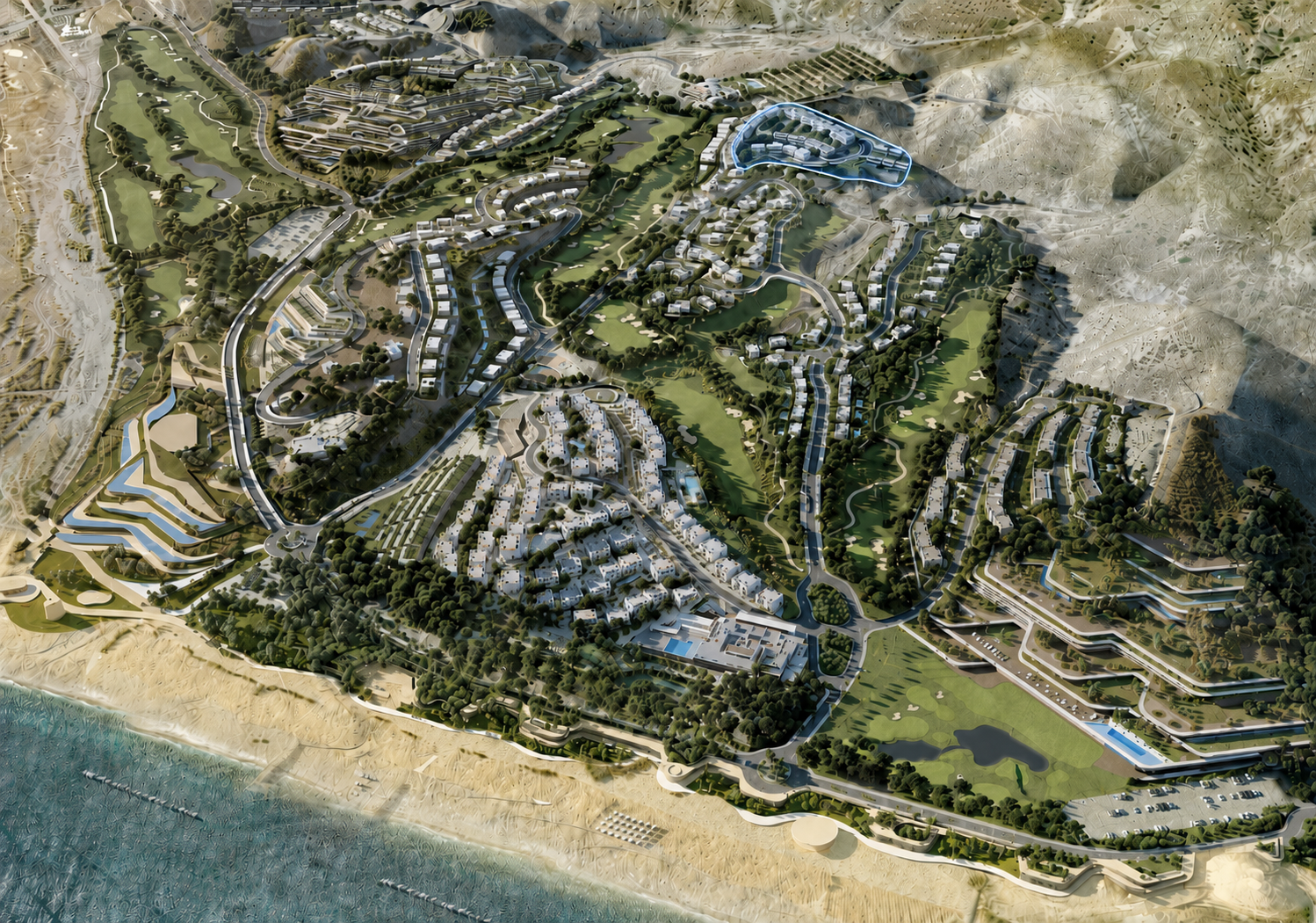 A detailed bird's-eye view of a coastal urban development with buildings, roads, green spaces, and a waterfront beach area.