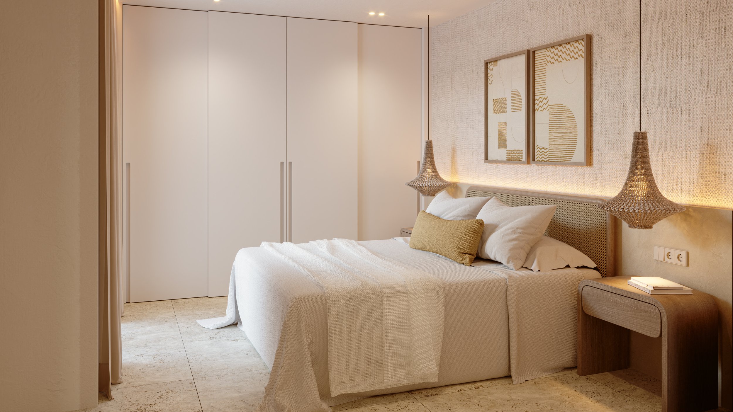 A cozy bedroom with a large bed dressed in white linens and a beige pillow. There are two woven pendant lights hanging beside the bed and abstract artwork on the textured wall behind. A white wardrobe is visible on the left side.
