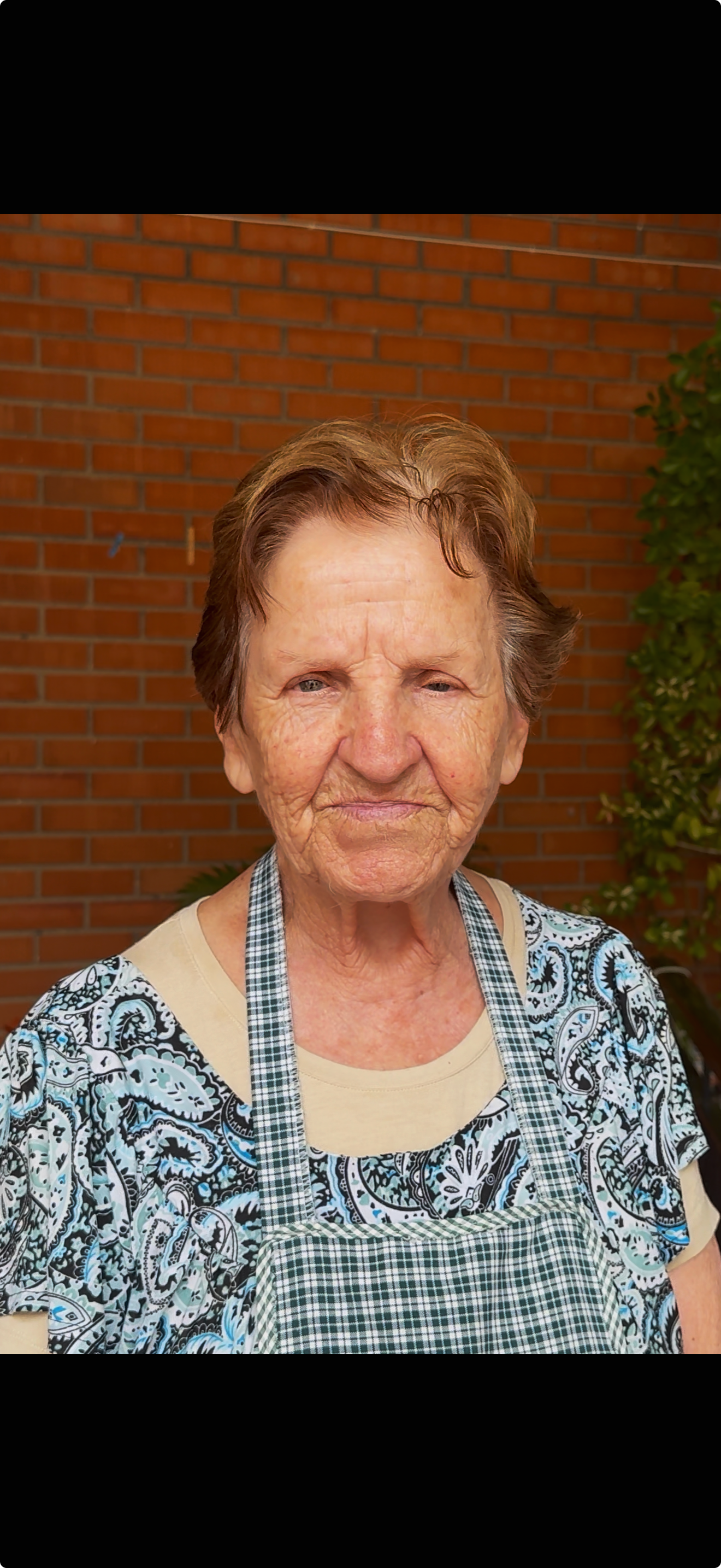 Older woman with short red hair, wearing a patterned blue and white shirt and a checkered apron, standing outdoors in front of a brick wall and green shrubbery.