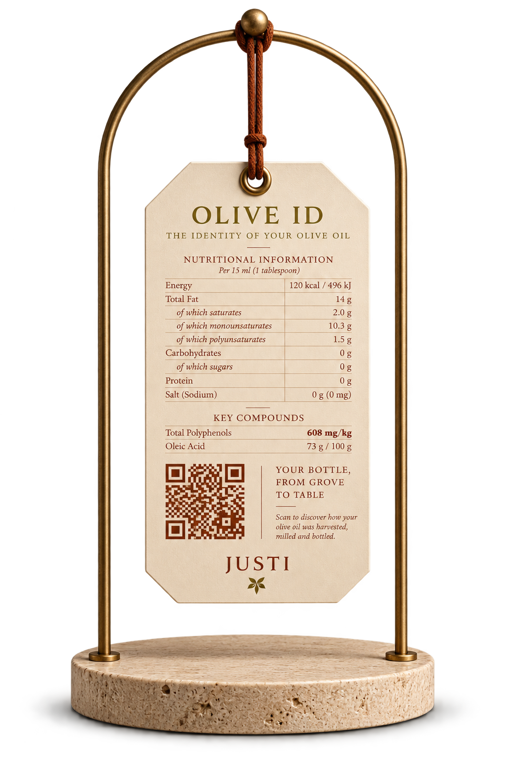 A label for olive oil titled "Olive ID" with nutritional information, key compounds, QR code, and text about harvesting from Grove to Table, on a stand.