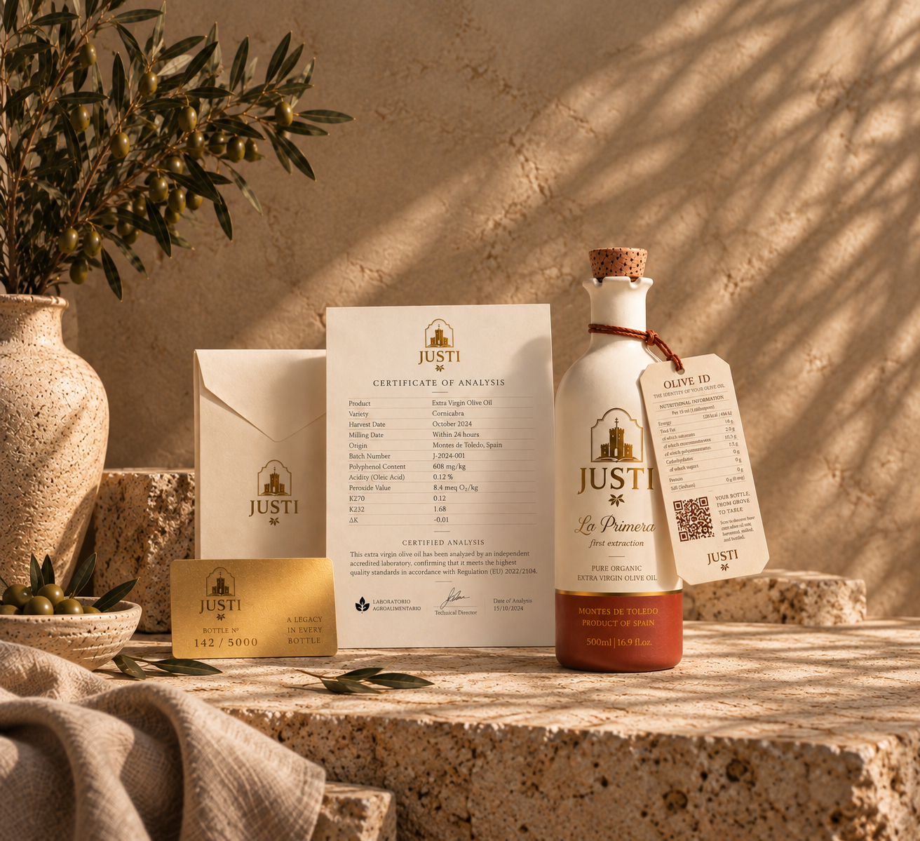 Bottle of Justi La Primera extra virgin olive oil with analysis documents, a gold card numbered 142 out of 5000, and a QR code tag, on a granite surface with decorative items and a potted olive branch in the background.