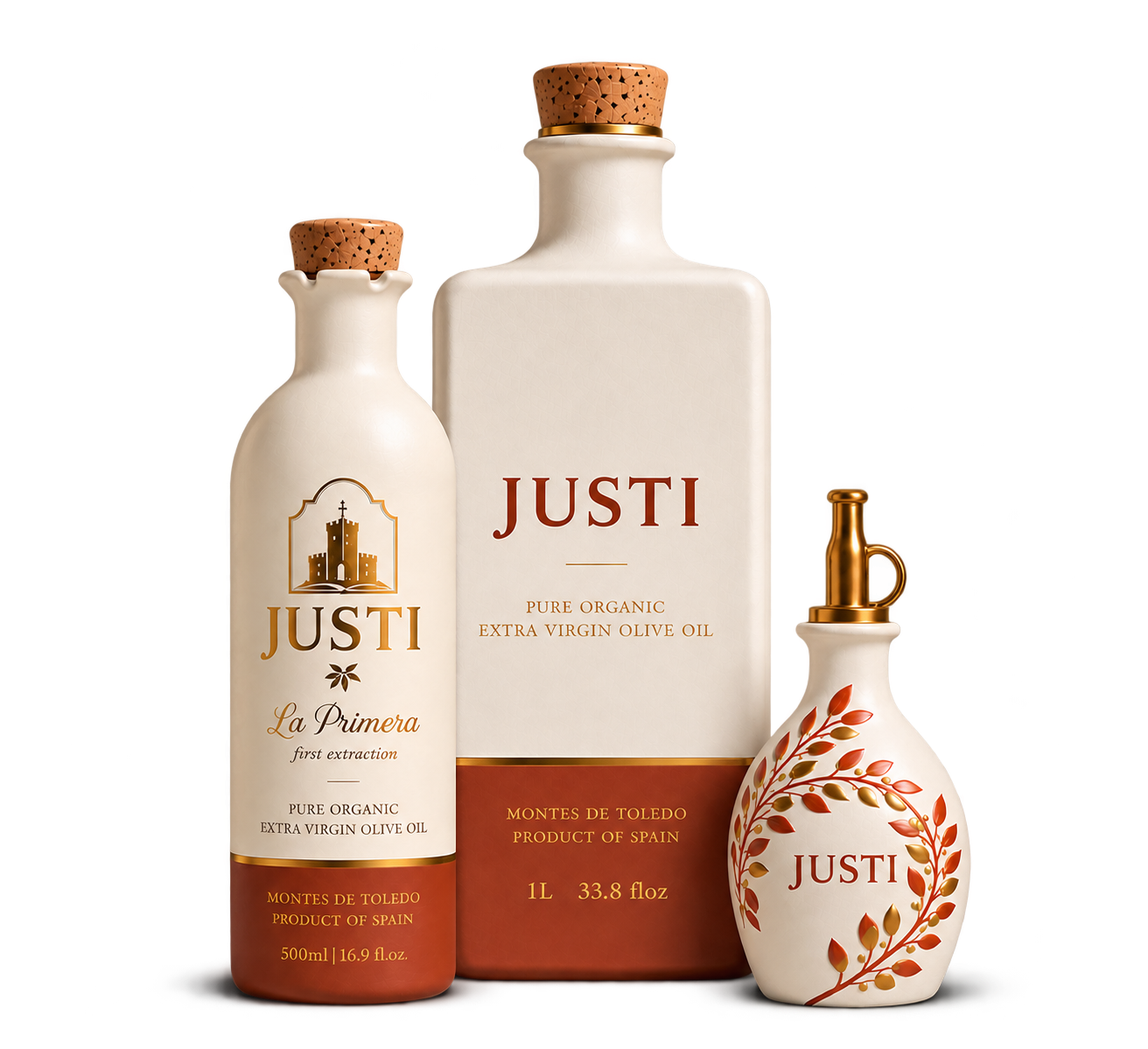 Three bottles of Justi extra virgin olive oil, labeled as pure organic, made in Spain, with decorative designs and cork, pump, and screw cap closures.