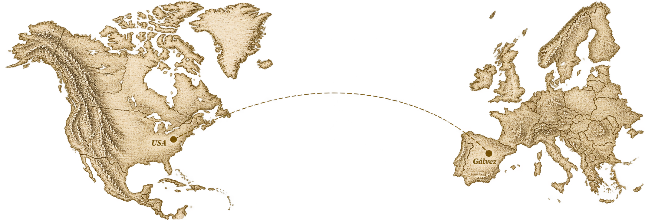 A world map with topographical features, depicting North America, Europe, and parts of Asia and Africa, with labels for the USA and Gálvez.
