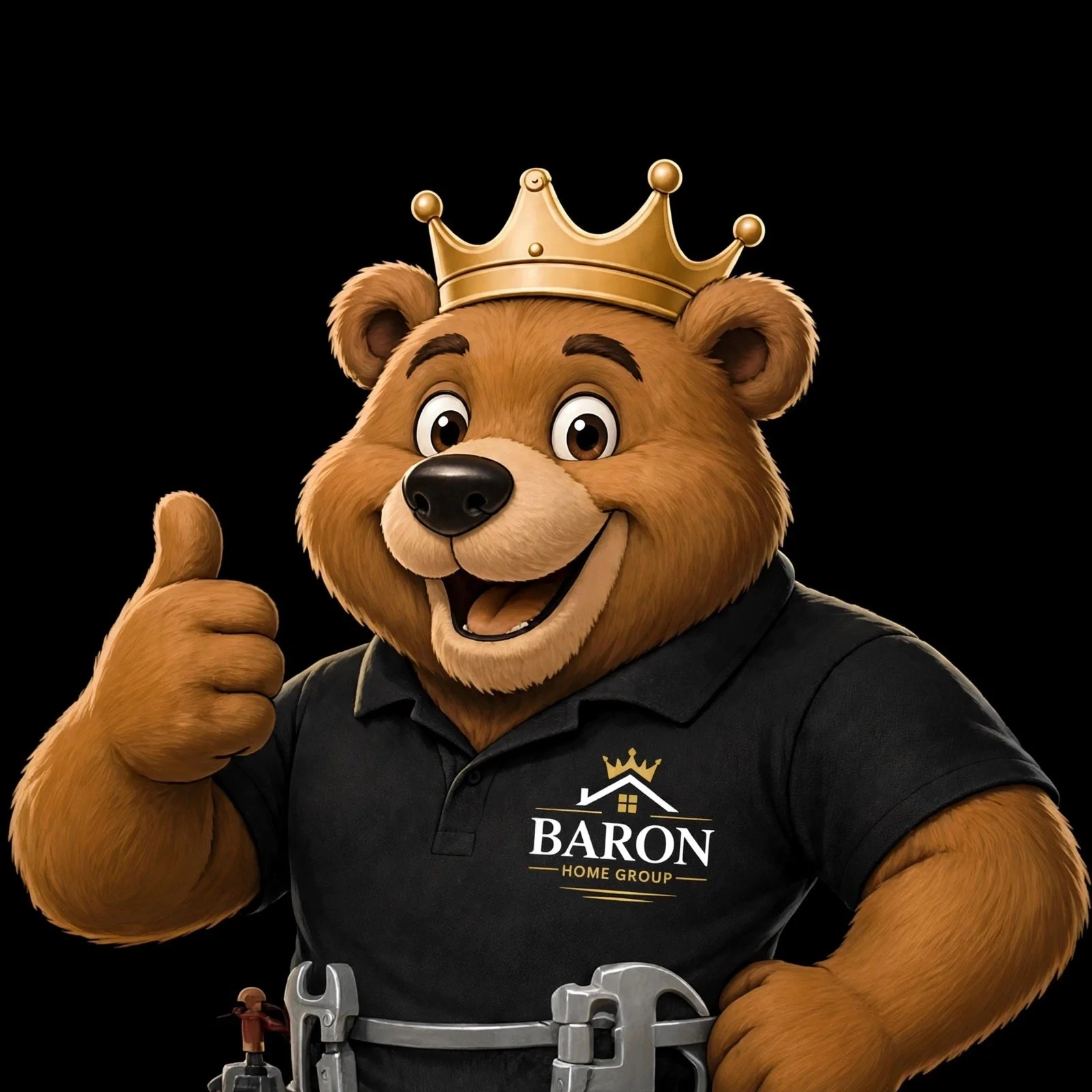 A person in a bear costume with a crown on its head, wearing a black shirt with the text 'Baron Home Group,' giving a thumbs up and standing against a black background.