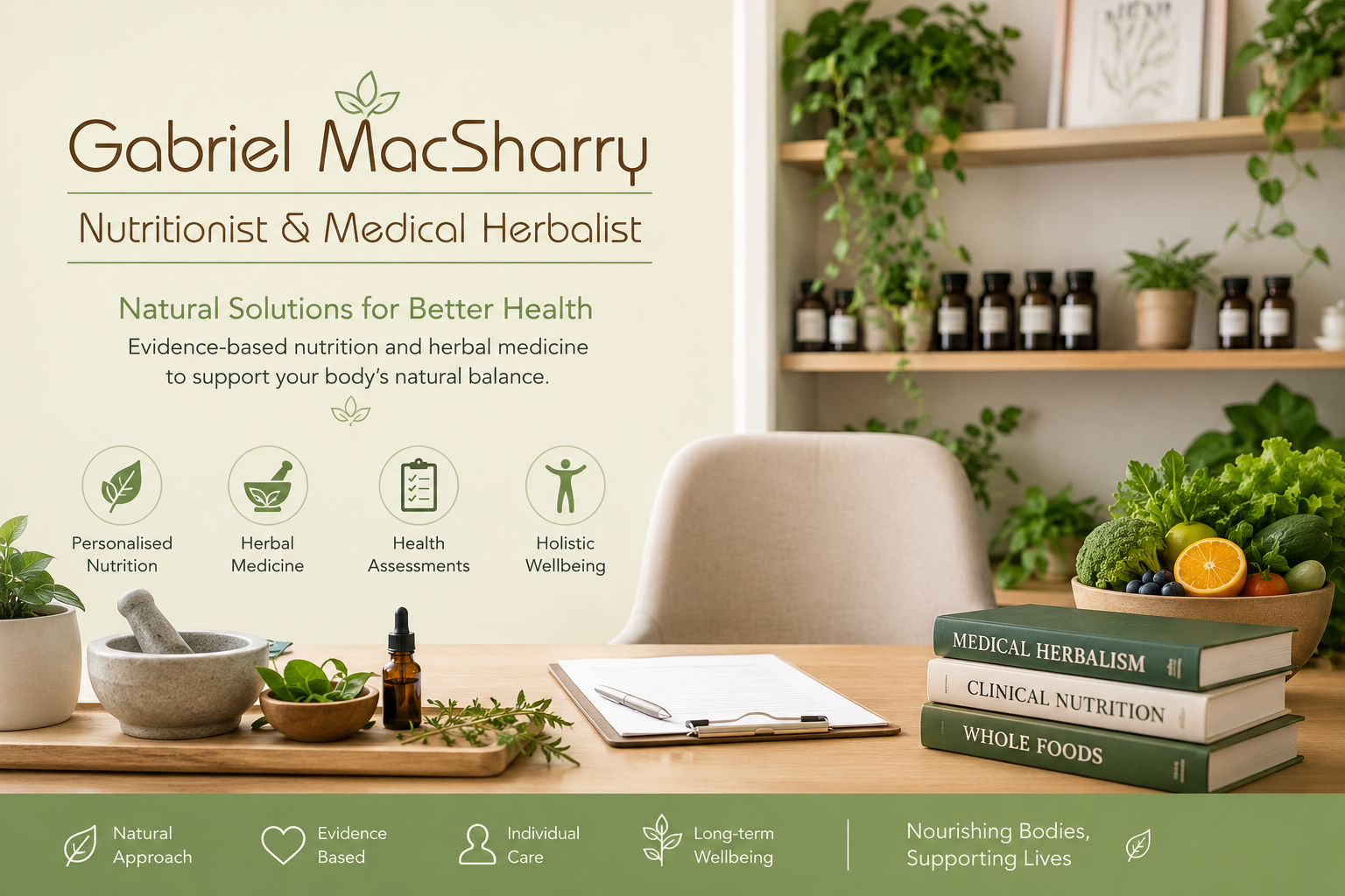 A welcome sign at a holistic health practitioner's office with the name Gabriel MacSharry, a nutritionist and medical herbalist. The sign highlights services such as personalized nutrition, herbal medicine, health assessments, and holistic wellbeing, with icons representing each. The setup includes herbs, essential oils, a clipboard, and books on medical herbalism, clinical nutrition, and whole foods. Background shelves contain bottles and plants, creating a natural, calming atmosphere.