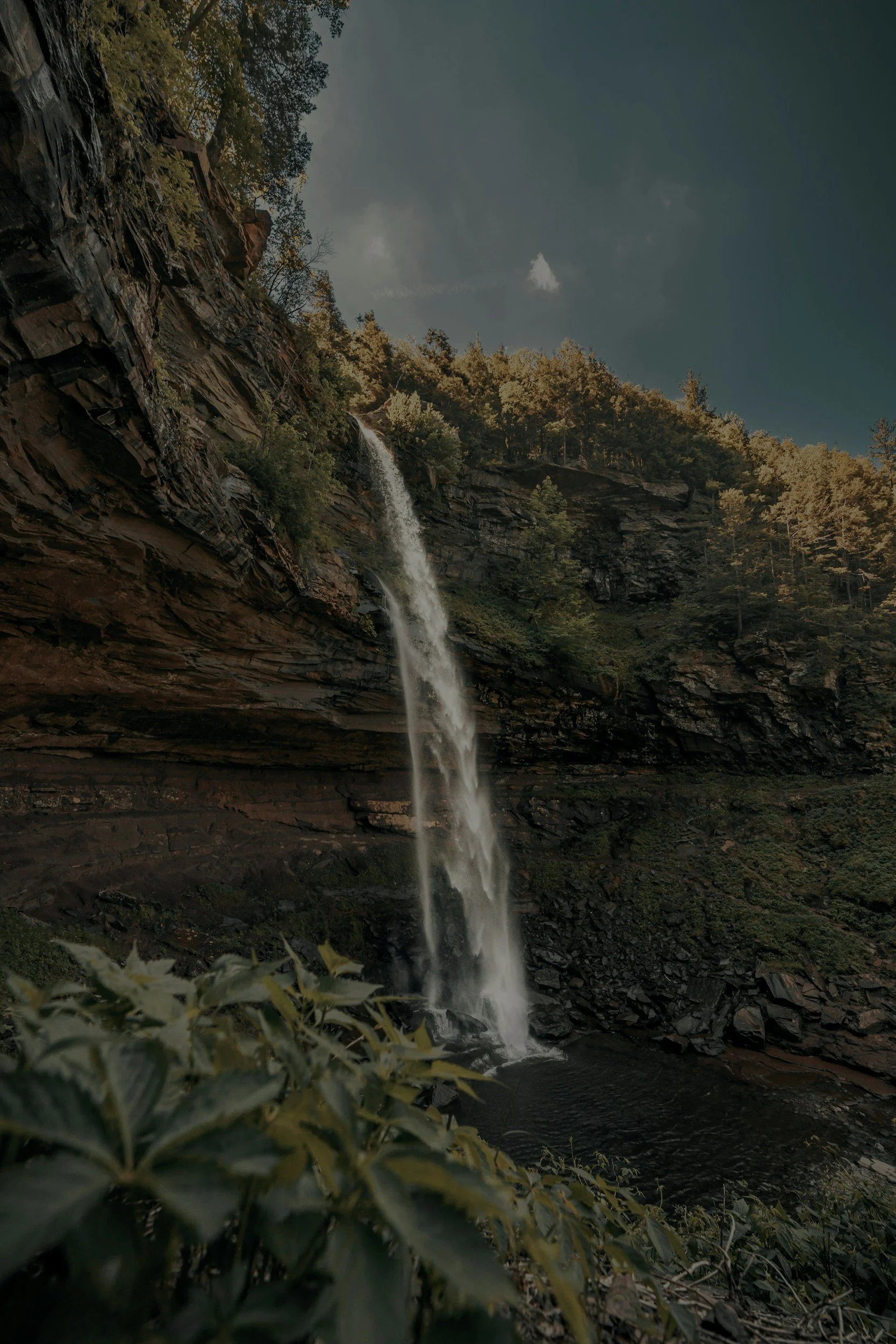 A tall waterfall cascading down a rocky cliffside with trees and bushes surrounding it, under a cloudy sky.