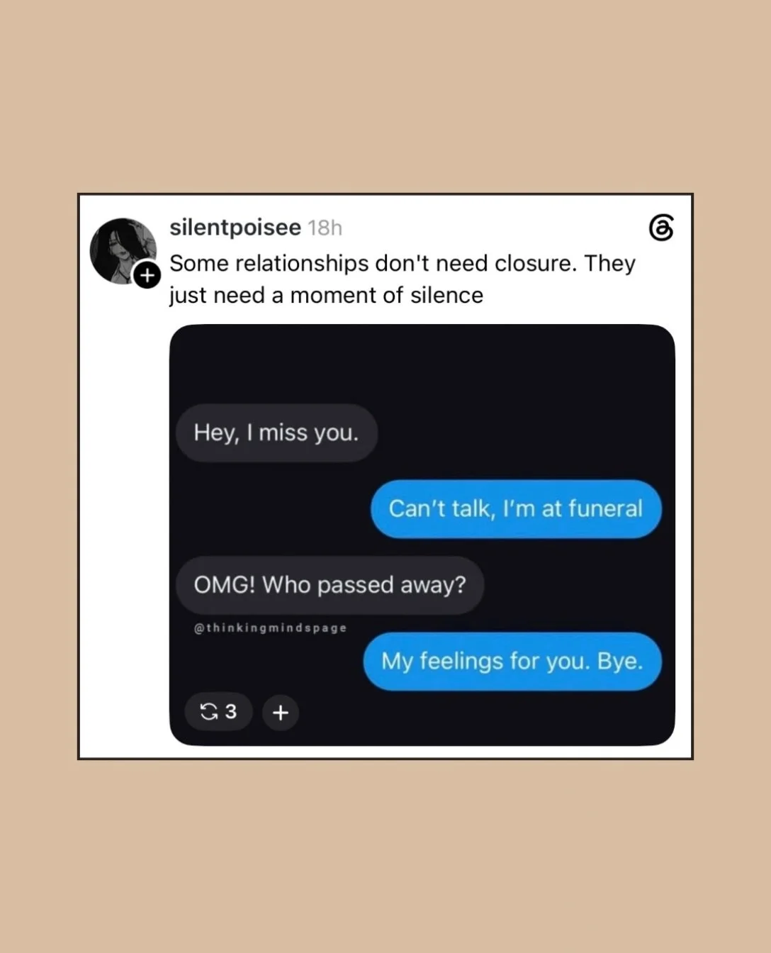 Savage, but it gets the point across, I guess&hellip;

@divorced_and_dating_pod with @xoyourmichelle and @katbrownla. New episodes every Tuesday. 

#momentofsilence #meme #divorcedanddating