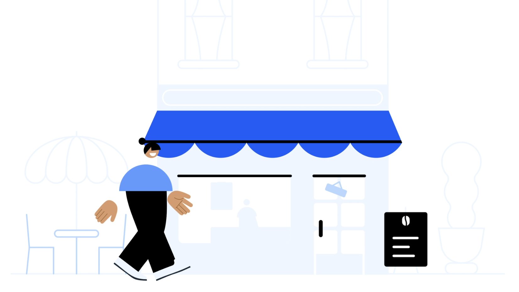 Flat illustration of a person walking past a shop with a blue awning, outdoor seating with an umbrella, and potted plants.