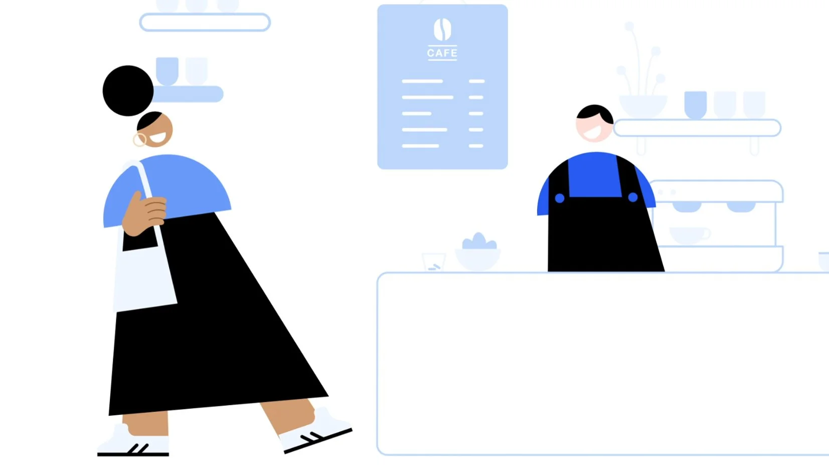 Flat illustration of two smiling people in a café; one woman with large black bun hairstyle, hoop earrings, blue top, long black skirt, and sneakers holding a coffee cup; one man with short black hair, blue and black shirt, black apron, standing behi