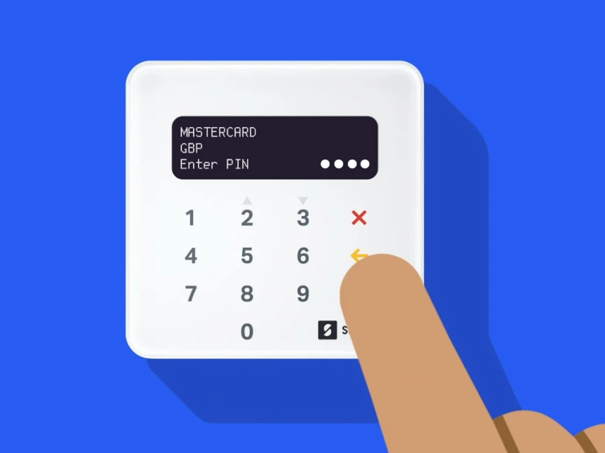 A person using a white keypad to enter a PIN code on a device, with a small black screen displaying payment information for Mastercard, GBP, and prompting to enter PIN, set against a blue background.