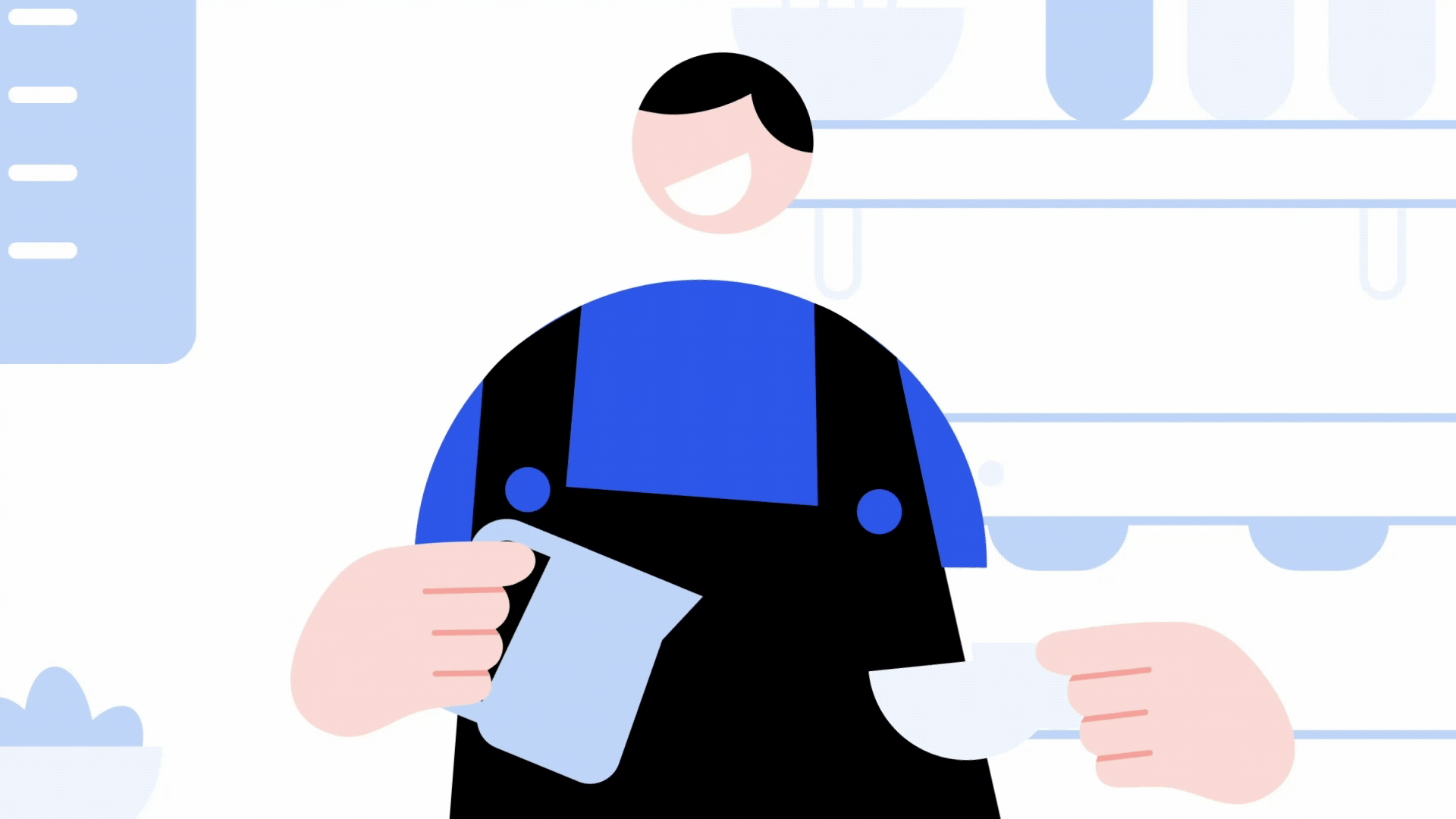 Illustration of a happy person with black hair, wearing a blue apron, holding a spatula, getting a plate from another person in a kitchen setting.