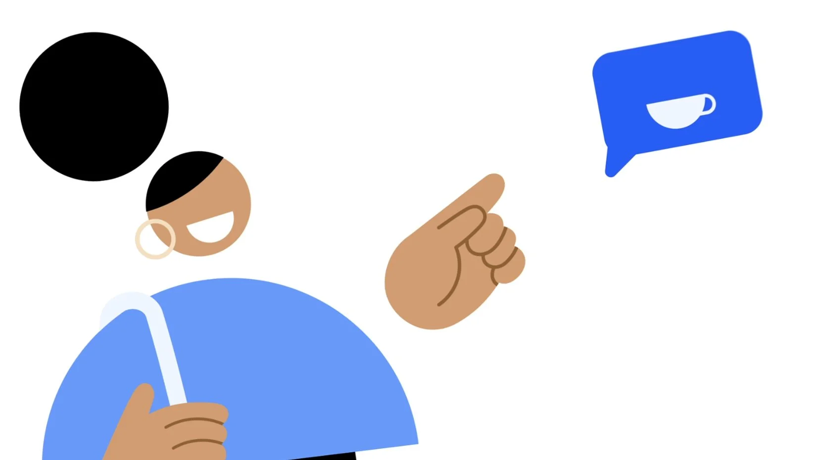 Illustration of a person smiling, wearing a blue shirt, with large hoop earrings, holding a phone in one hand, and pointing at a speech bubble with a coffee cup icon.