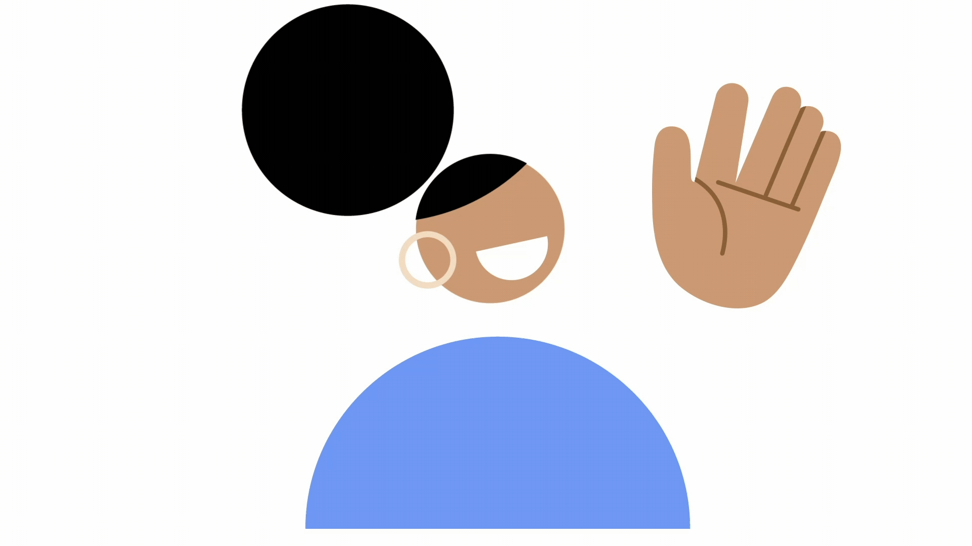 Minimalist illustration of a person with dark skin wearing a blue shirt, a joyful expression, hoop earrings, raised hand in a greeting gesture, and short black hair.