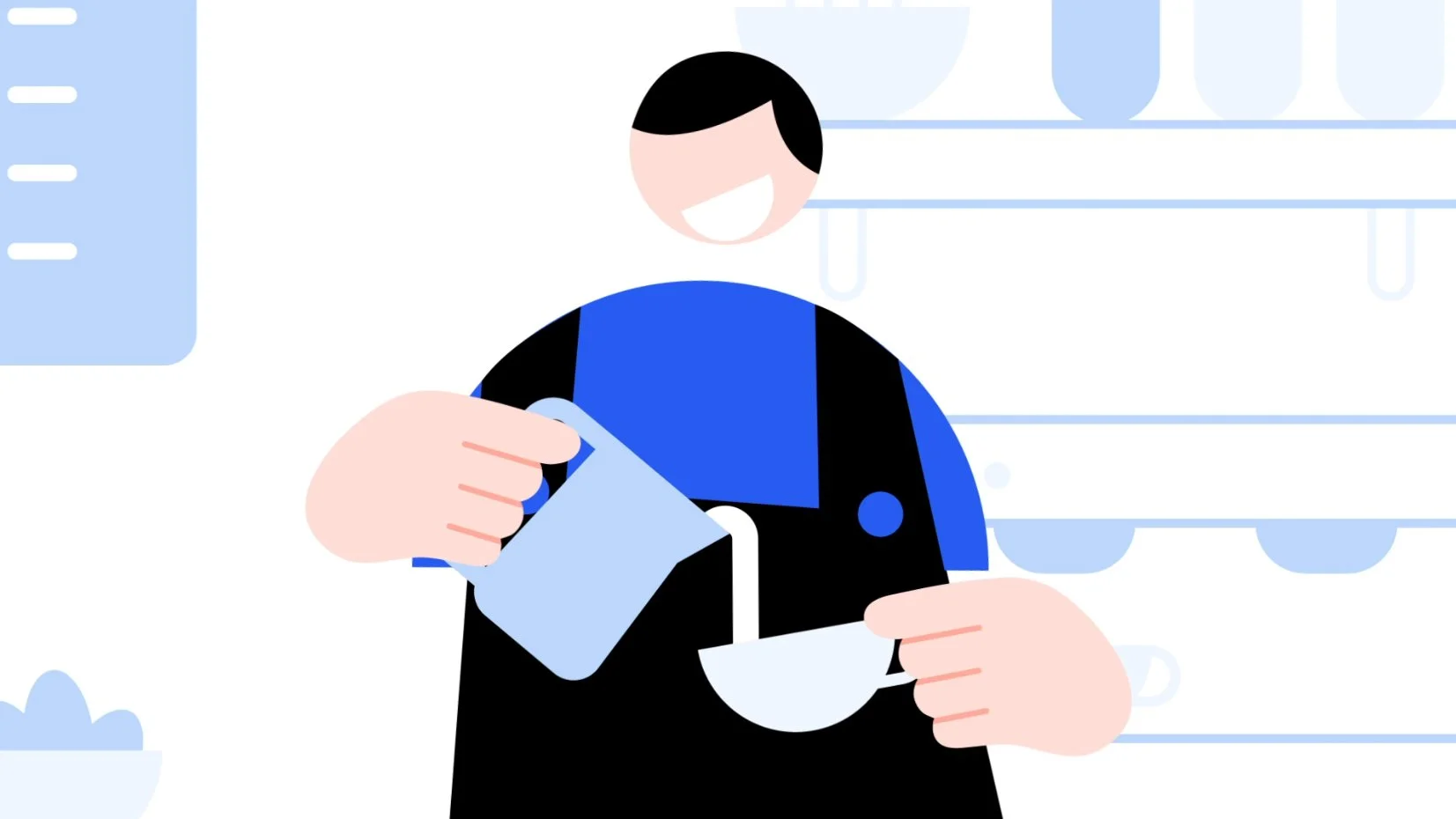 Illustration of a person pouring a drink from a pitcher into a cup, with a smiling face, in a kitchen setting.