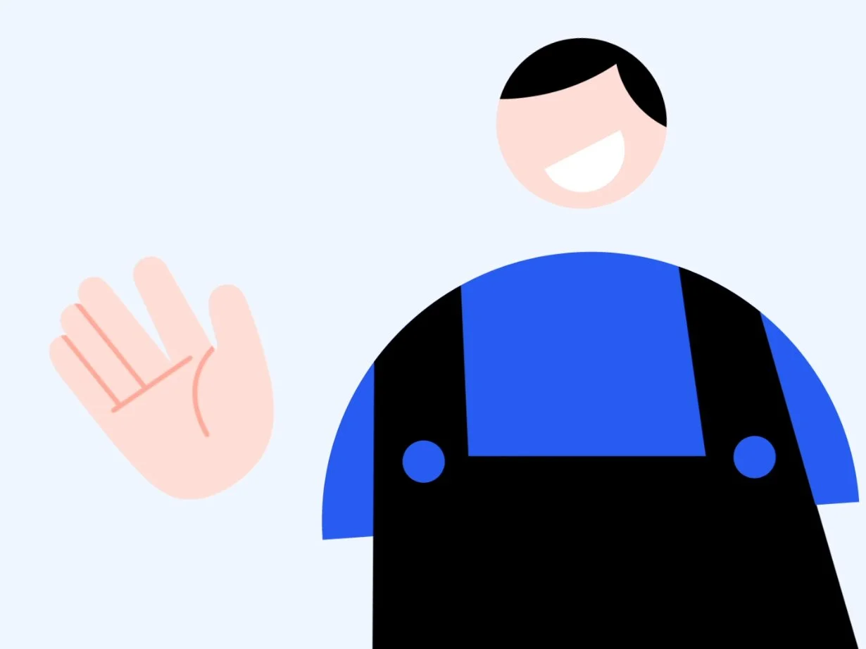 A cartoon character with black hair, wearing a blue shirt and black overalls, smiling and waving.