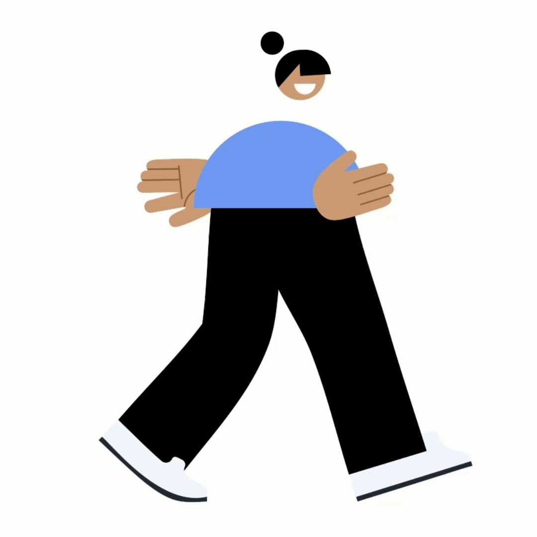 A digital illustration of a woman walking, smiling, with hair in a bun, wearing a blue top, black pants, and white sneakers.