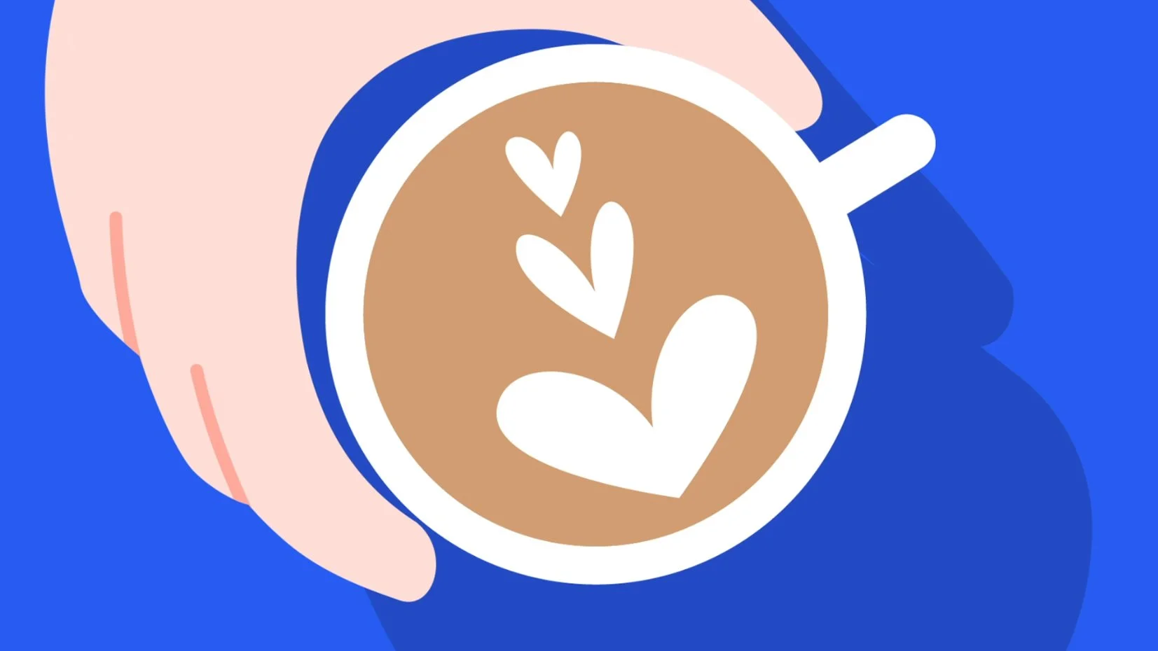 A hand holding a coffee mug with latte art hearts inside the coffee, underneath a pink napkin, on a blue surface.