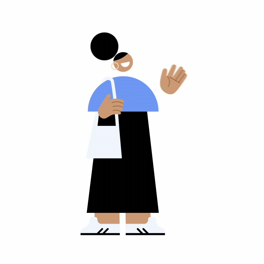 Stylized illustration of a smiling woman with dark skin, short dark hair, wearing a face mask, blue top, black skirt, white shoes, holding a white tote bag, and waving.