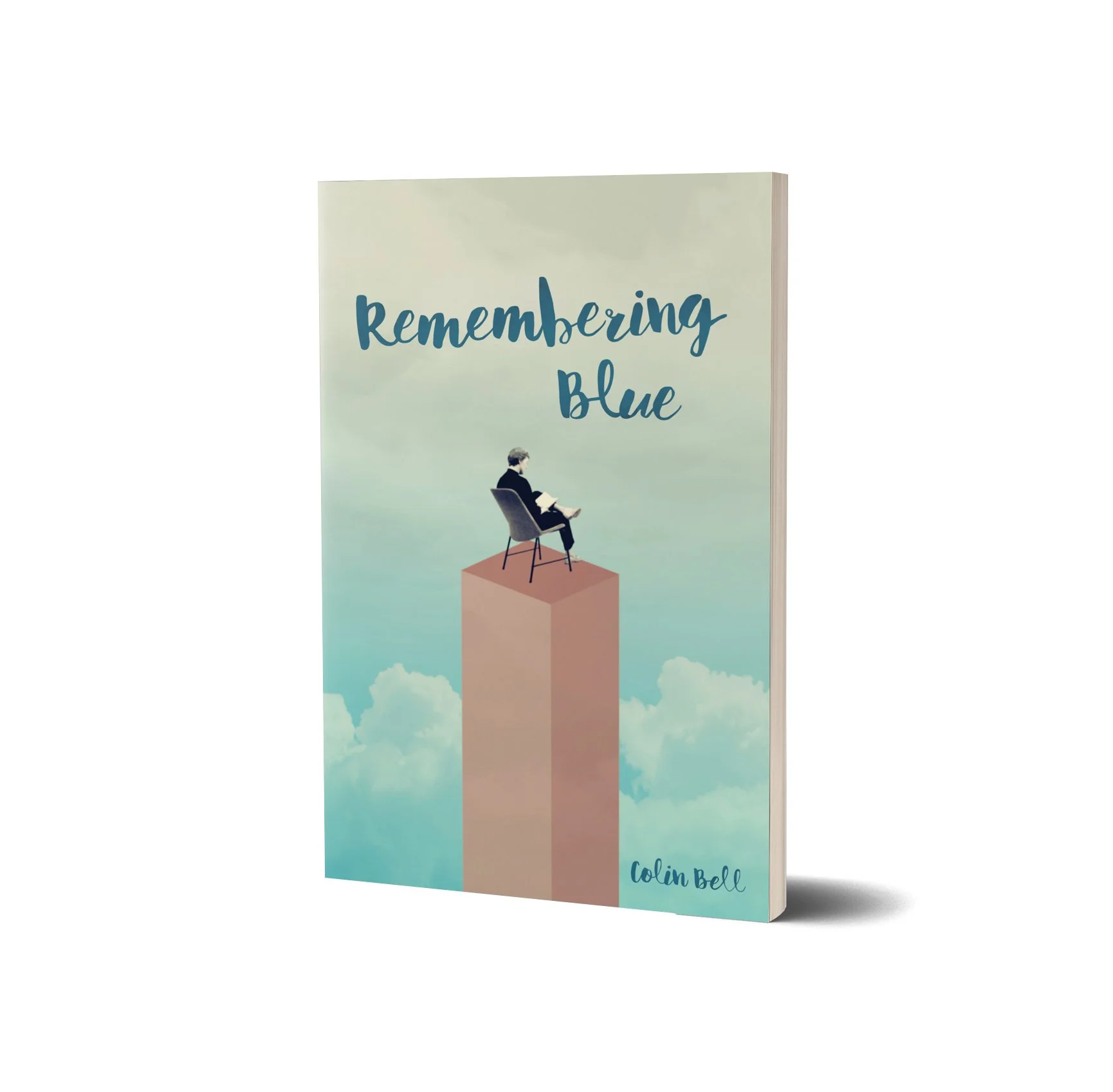 A book cover titled "Remembering Blue" by Colin Bell displaying a person sitting on a chair reading a book, with a sky background and clouds.