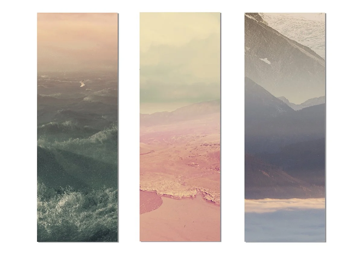 Three vertical landscape paintings, one depicting ocean waves at sunset, one showing desert dunes with mountains in the background, and one illustrating a mountain range with snow and a cloudy sky.