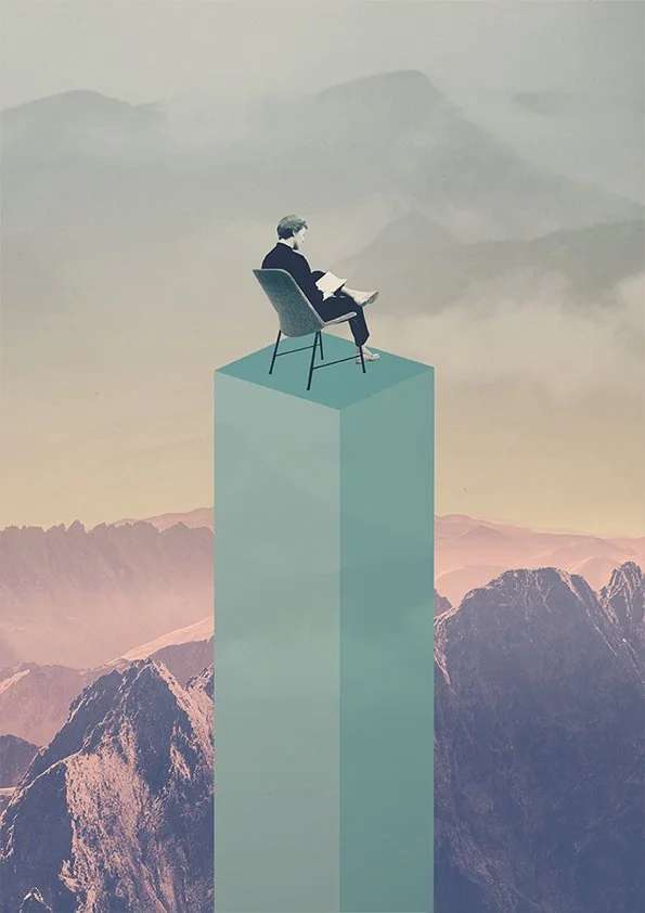 A person sitting on a chair reading a book, positioned on top of a tall, rectangular pedestal with a mountain landscape background.