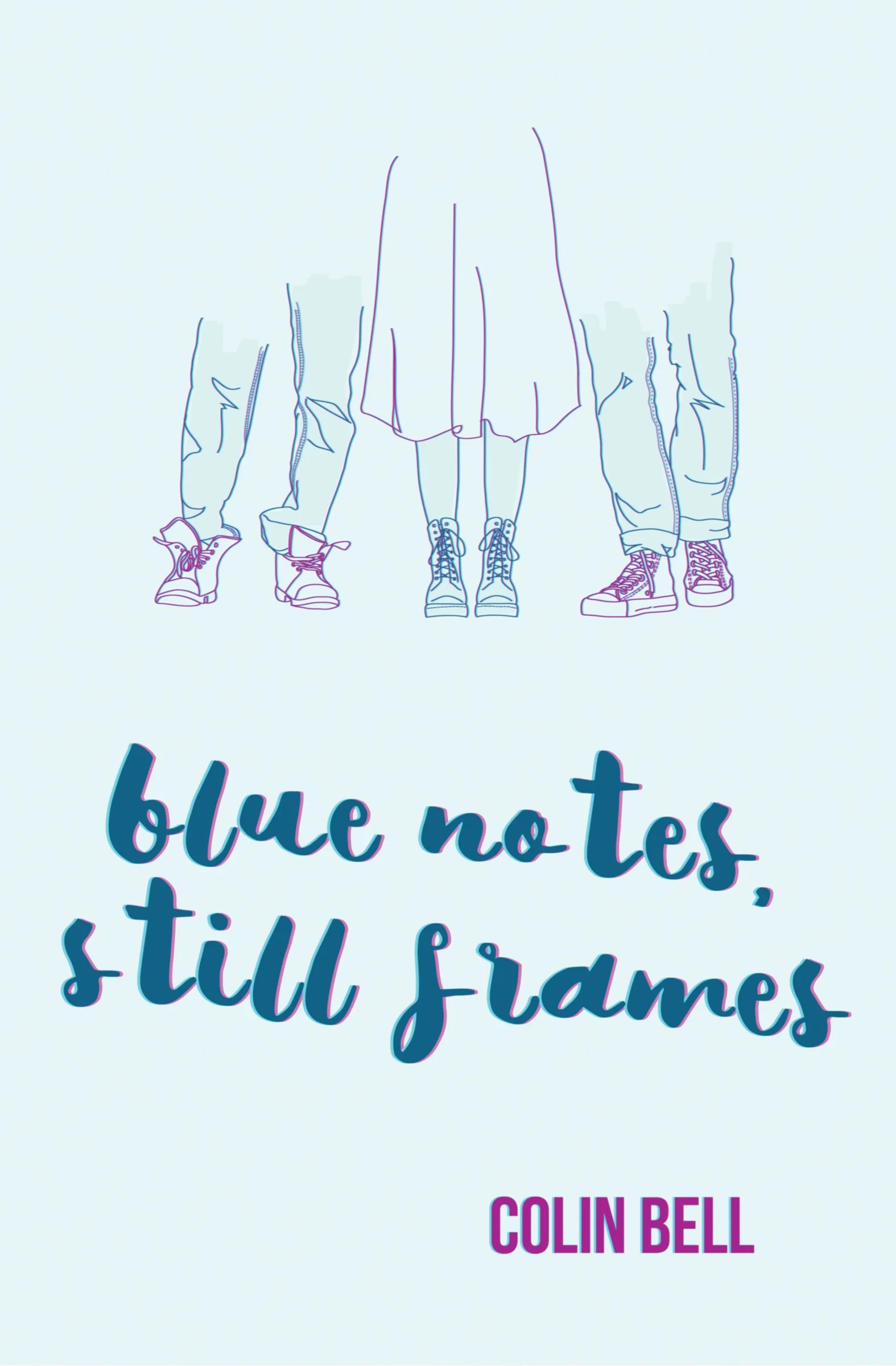Line drawing of four people with their legs and feet visible, wearing casual clothing and sneakers, with a quote in colorful, cursive text.