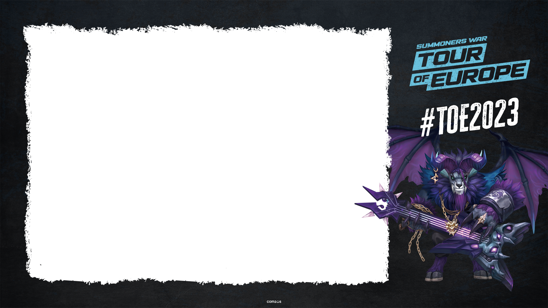 Dark-themed promotional poster for Summoners War: Tour of Europe 2023, featuring a purple and black dragon with glowing eyes, holding a large sword, along with the event name and hashtag.