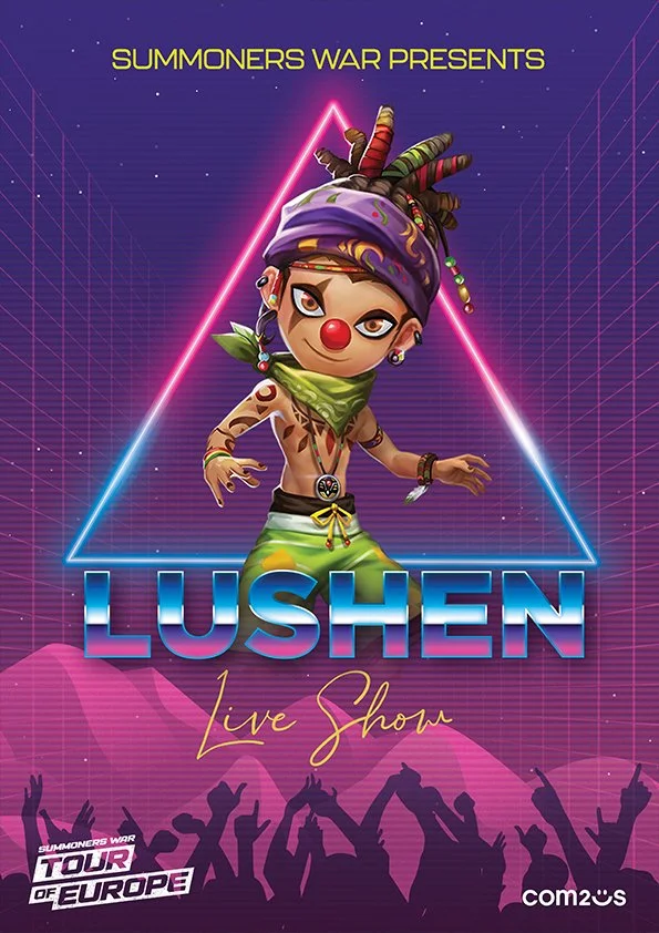 Promotional poster for Lushen Live Show by Summoners War, featuring a cartoon character with dreadlocks, a purple headscarf, a red clown nose, and a green outfit, with a background of a digital grid and a crowd at a concert.