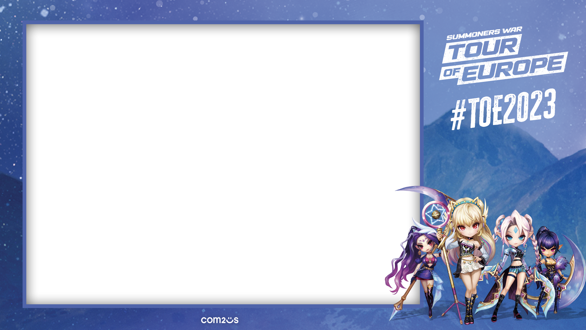 Graphic for Summoners War Tour of Europe event, hashtag #TOE2023, featuring cartoon characters with fantasy outfits and weapons, mountain background, and purple and blue color theme.