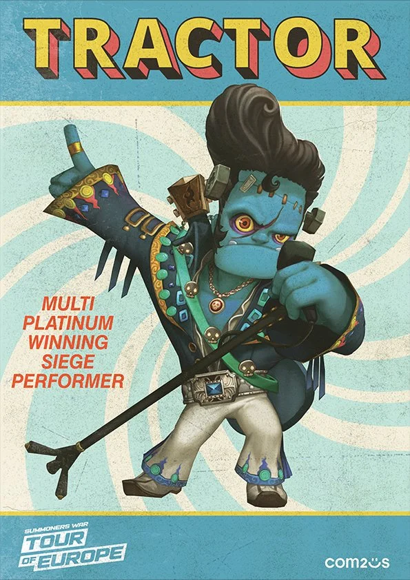 A cartoonish illustration of a blue monster with a pompadour hairstyle, wearing a studded leather jacket, white pants, and sunglasses, holding a microphone on a stand. The background features swirling light blue patterns with the words "TRACTOR" in l