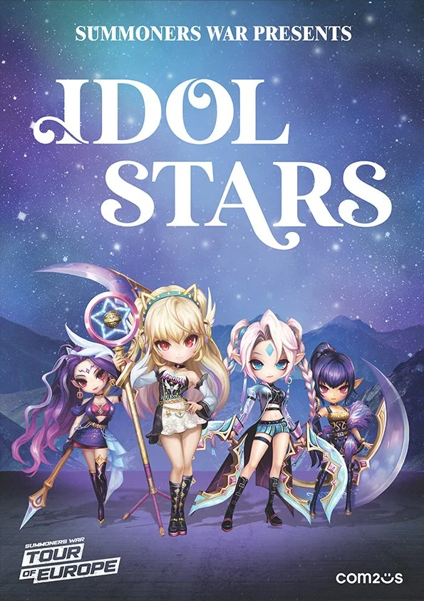 Cover art for IDOL STARS, a Summoners War game. Features four animated fantasy characters in elaborate costumes holding weapons against a starry night sky background.