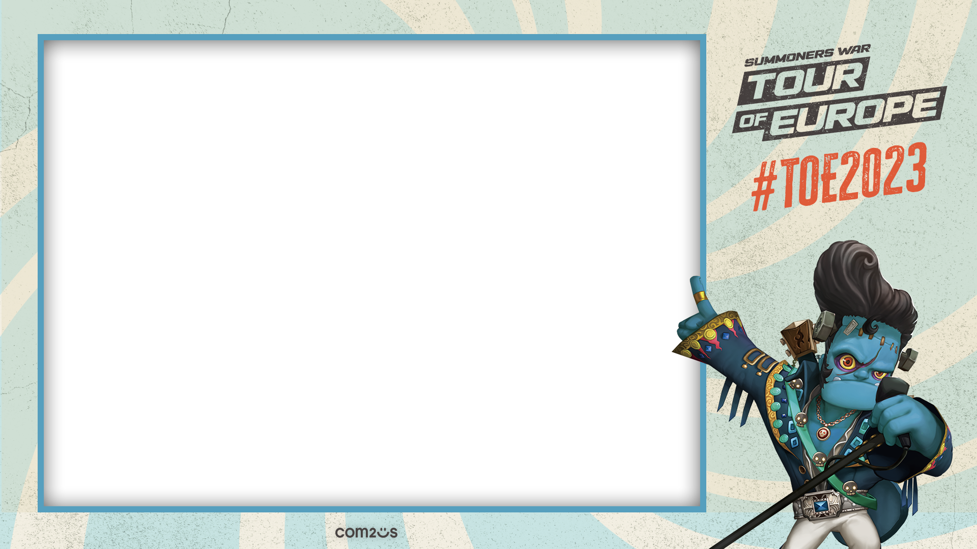A promotional backdrop for the Summoners War Tour of Europe 2023 featuring a character from the game with a blue face, elaborate dark hair, and wearing colorful, patterned clothing and accessories, holding an item, with event branding on the upper ri