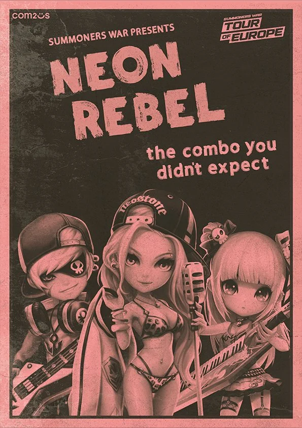 Promotional poster for a tour called "NEON REBEL," featuring animated characters with musical instruments and a microphone, with text indicating this is part of "Summoners War Presents" and "Tour of Europe".