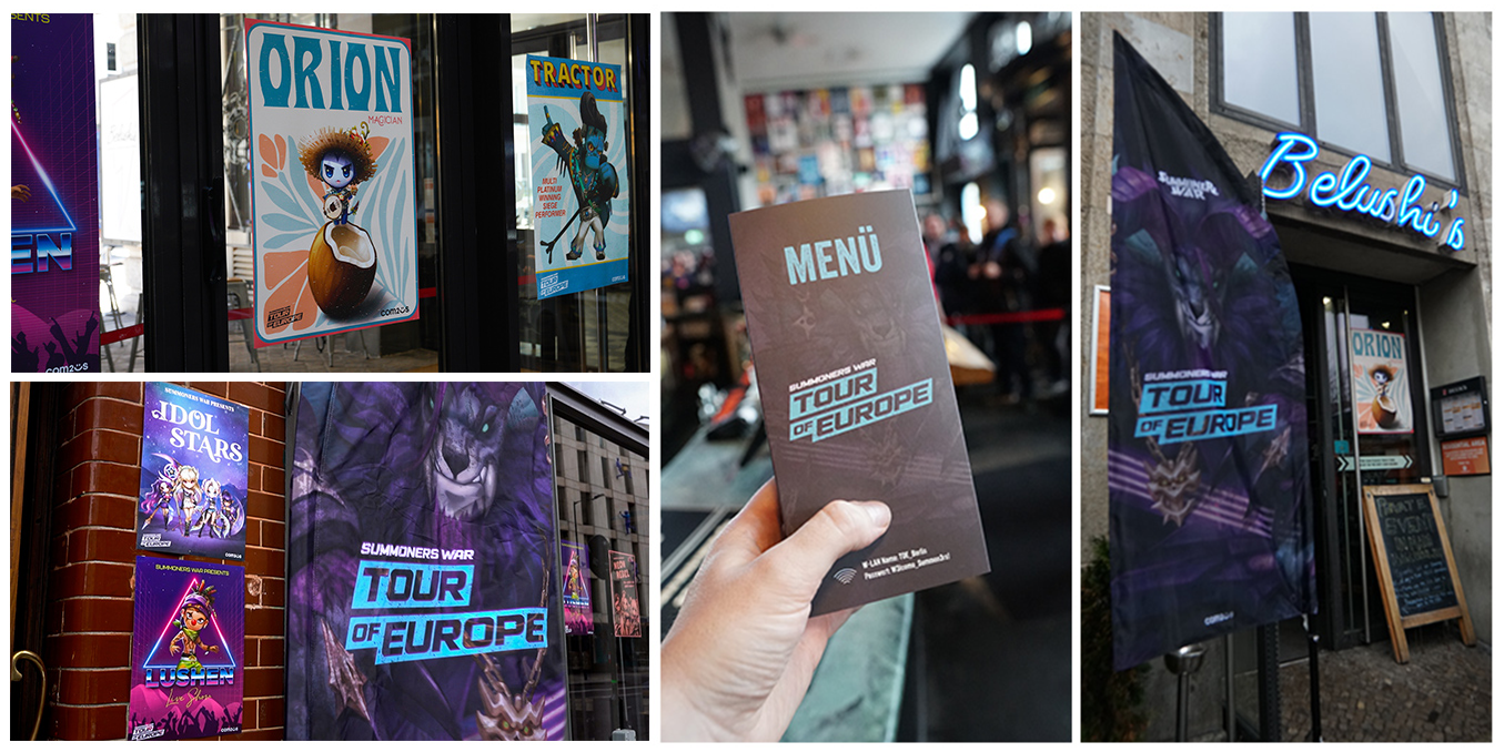 Various posters and banners promoting 'Summoners War: Tour of Europe' at a venue, including images of characters, a menu card, and signage outside a restaurant.