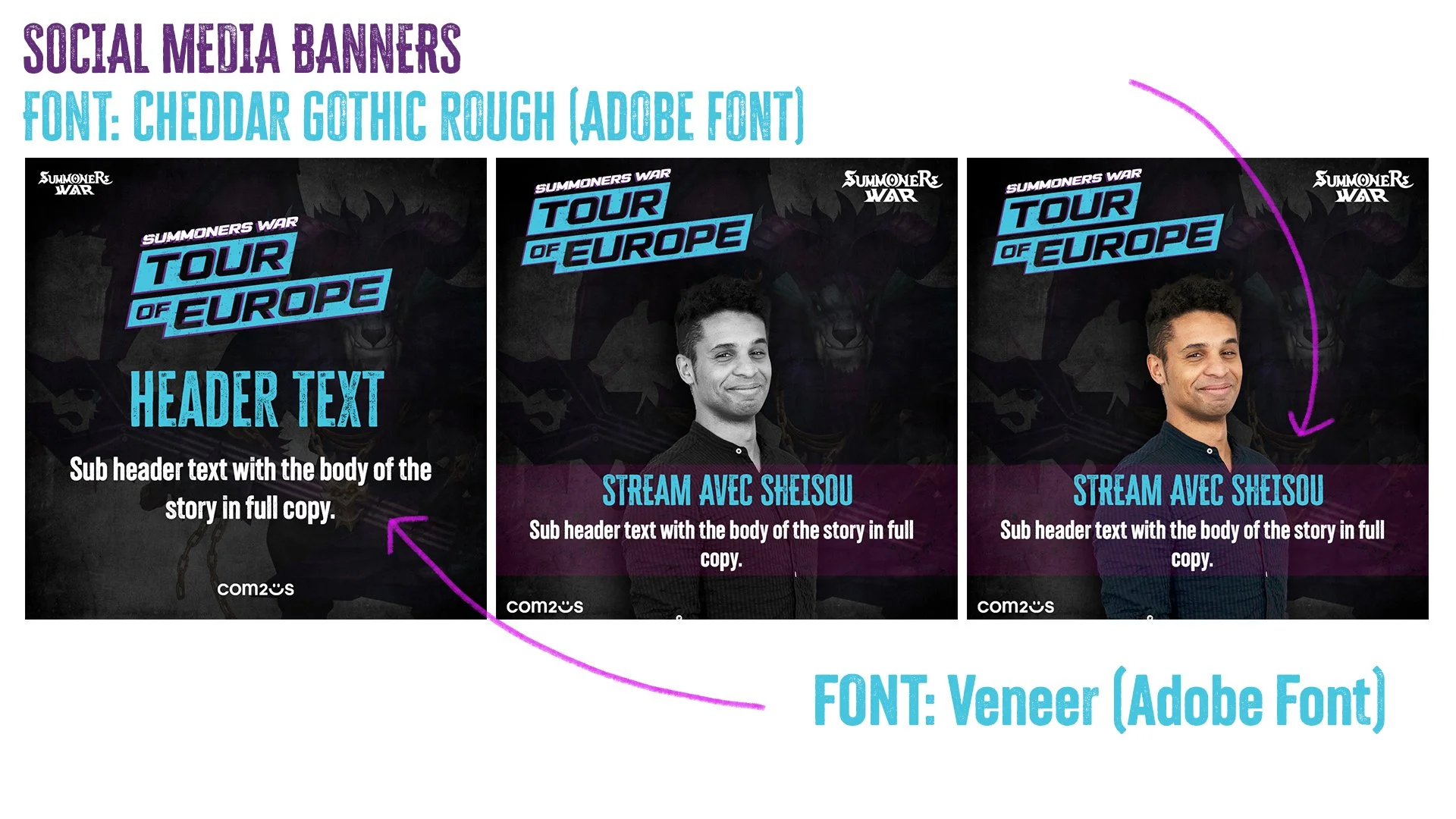 Three social media banner templates for "Summoners War Tour of Europe" with different images of a male presenter and text overlays in blue and white, showcasing a fantasy background with a dragon and dark theme.